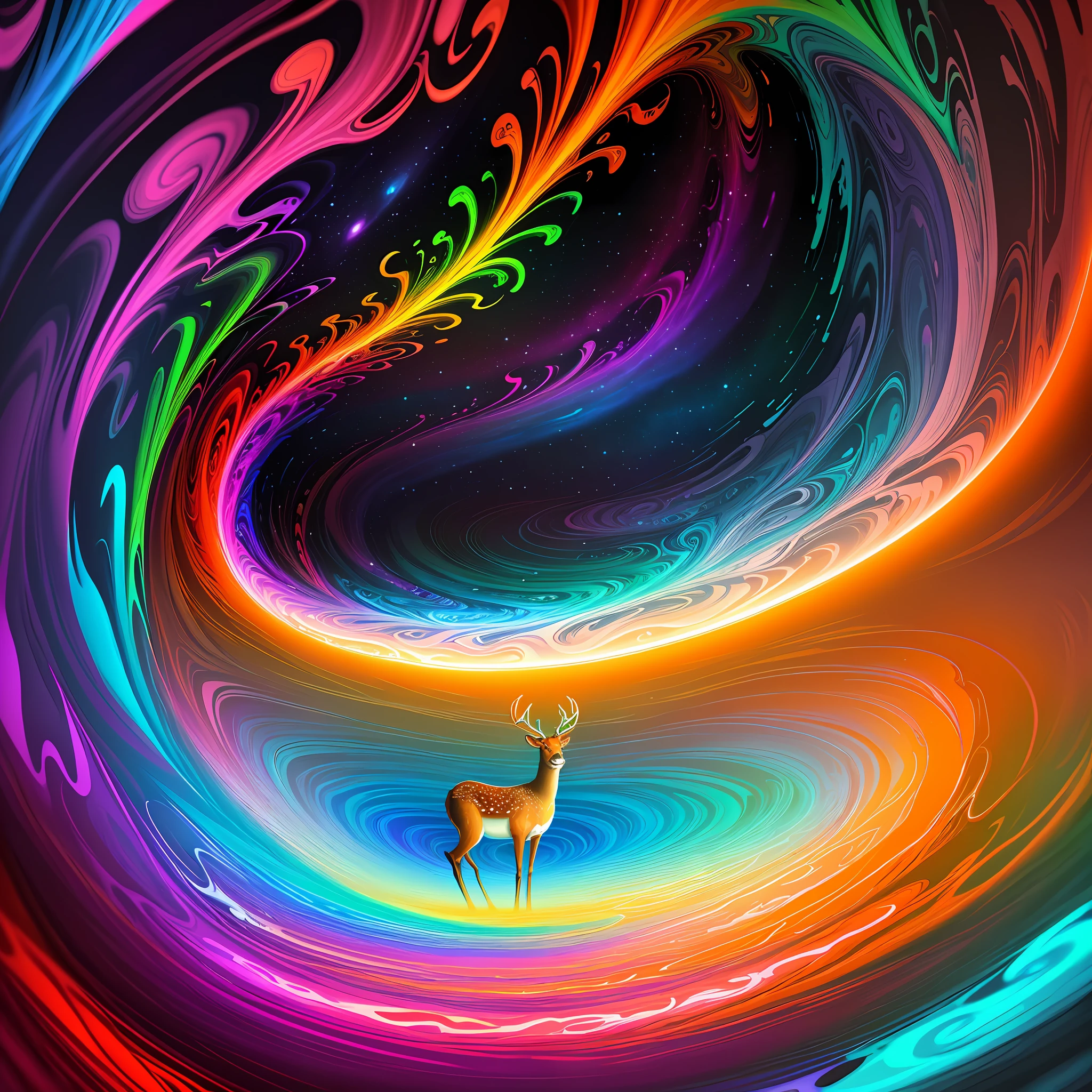 (Psychedelic painting of a deer standing in front of a colorful swirl), ((multiple antlers, stag, big head)), bright colors, thick lines, waves, multiple layers, foreground, perspective, fractal Thunder Dan Mumford , Dan Mumford and Alex Gray style, psychedelic surreal art, surreal psychedelic design, dream art style, illusion psychedelic art, infinite psychedelic waves, inspired by Cyril Rolando Rolando), realistic ripple structure, psychedelic art style, psychedelic art, psychedelic illustration -- V6