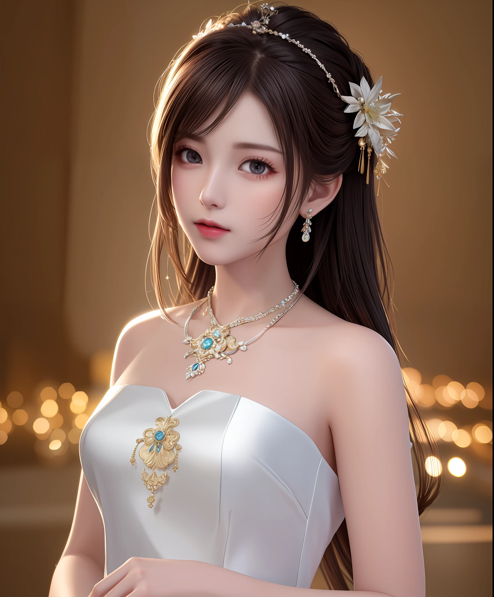 Best quality, masterpiece, high resolution, 1girl, porcelain dress, hair accessories, necklace, jewelry, beautiful face, on the body, Tyndall effect, realistic, dark studio, edge lighting, two-tone lighting, (high detail skin: 1.2), 8k UHD, dslr, soft light, high quality, volumetric light, candid, photo, high resolution, 4k, 8k, background blur,