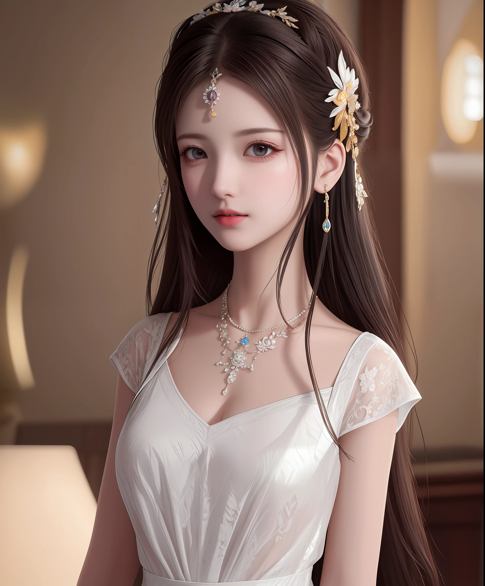 Best quality, masterpiece, high resolution, 1girl, porcelain dress, hair accessories, necklace, jewelry, beautiful face, on the body, Tyndall effect, realistic, dark studio, edge lighting, two-tone lighting, (high detail skin: 1.2), 8k UHD, dslr, soft light, high quality, volumetric light, candid, photo, high resolution, 4k, 8k, background blur,