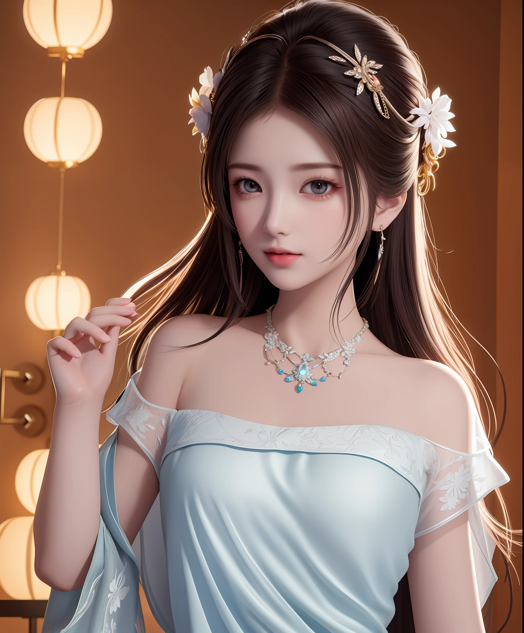 Best quality, masterpiece, high resolution, 1girl, porcelain dress, hair accessories, necklace, jewelry, beautiful face, on the body, Tyndall effect, realistic, dark studio, edge lighting, two-tone lighting, (high detail skin: 1.2), 8k UHD, dslr, soft light, high quality, volumetric light, candid, photo, high resolution, 4k, 8k, background blur,