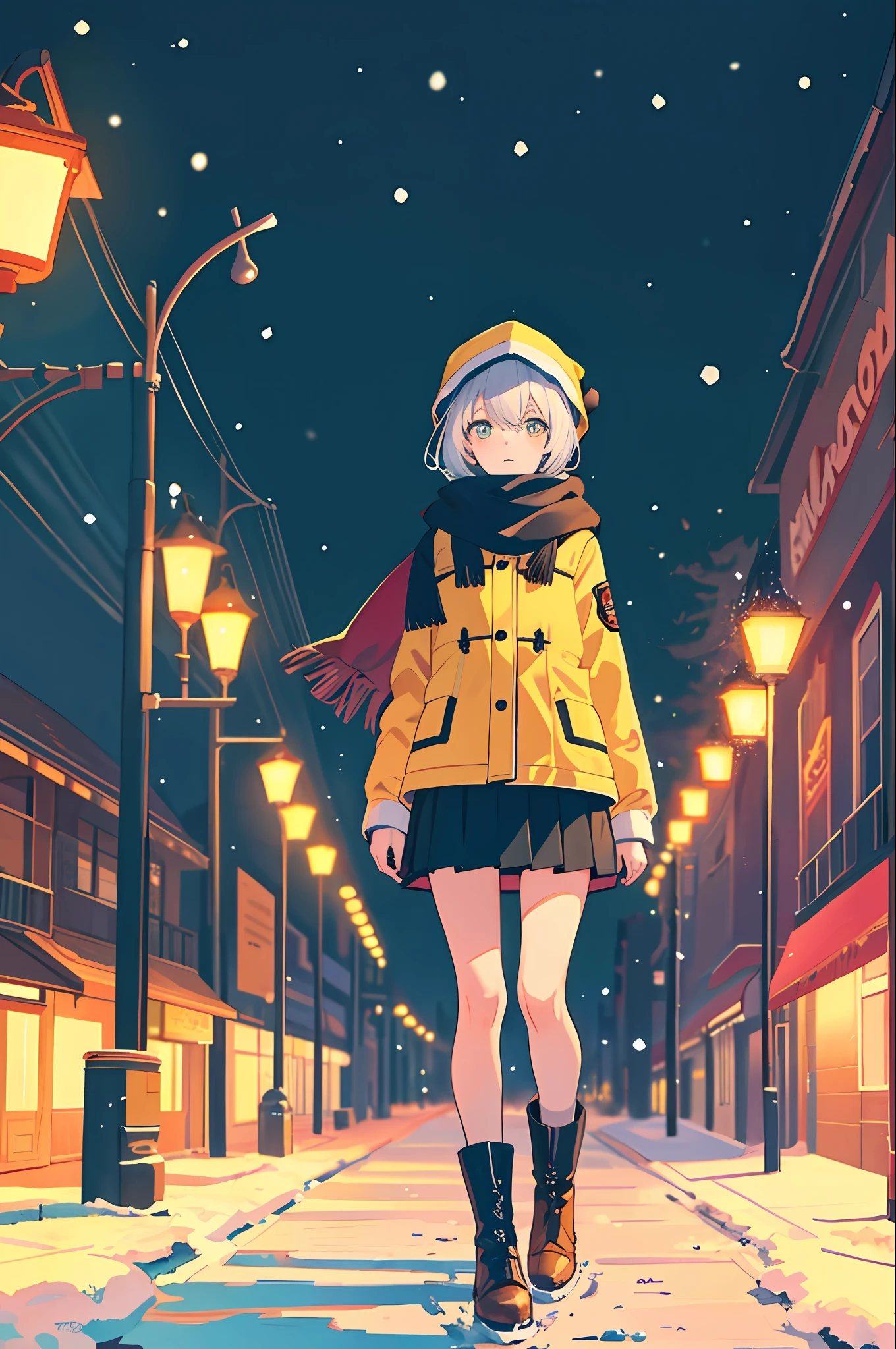 In snowy weather, a girl stood in the street, surrounded by empty people, the street lamps overhead glowing warm yellow