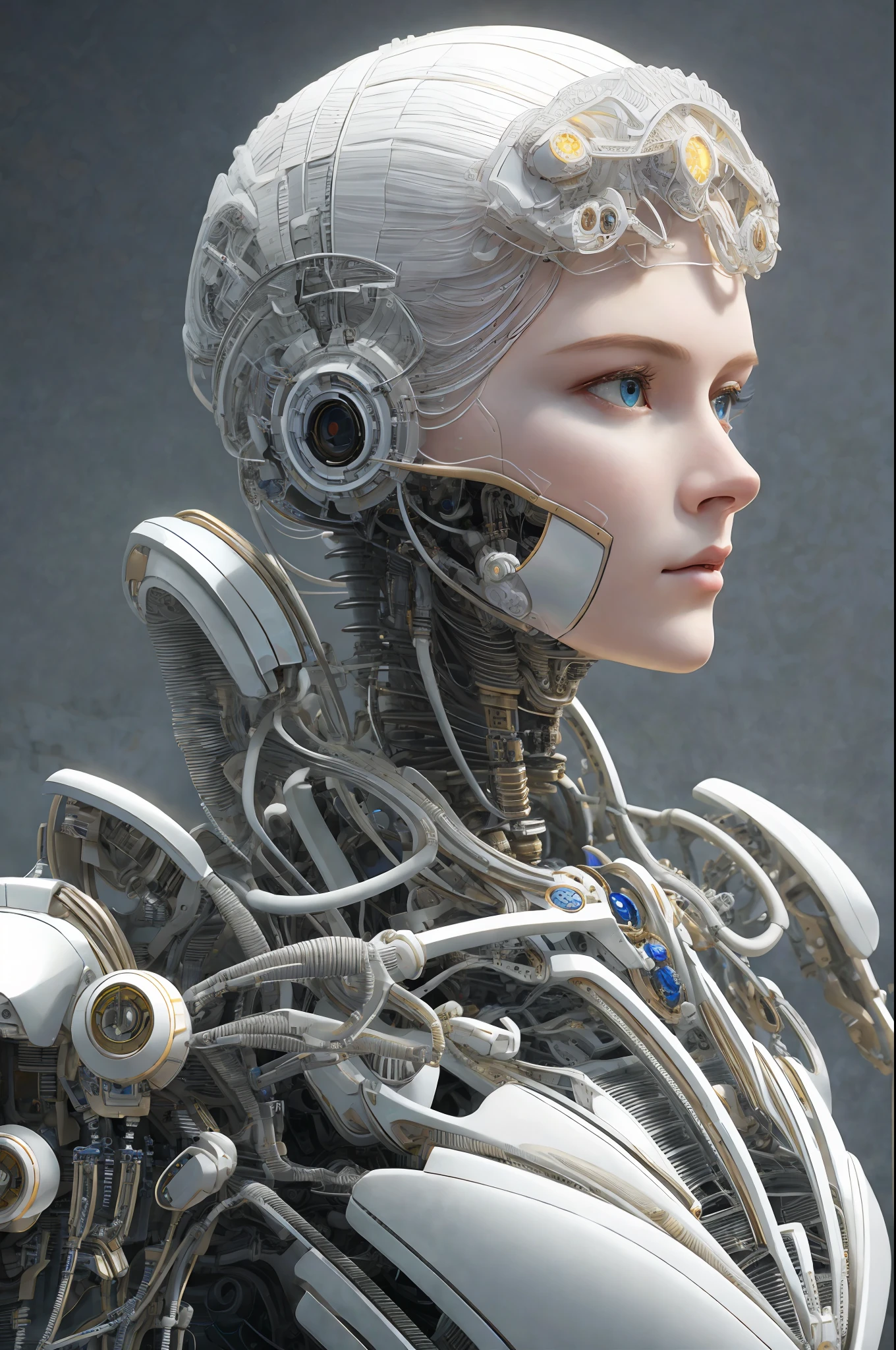 complex 3d render ultra detailed of a beautiful porcelain profile woman android face, cyborg, robotic parts, 150 mm, beautiful studio soft light, rim light, vibrant details, luxurious cyberpunk, lace, hyperrealistic, anatomical, facial muscles, cable electric wires, microchip, elegant, beautiful background, octane render, H. R. Giger style, 8k, best quality, masterpiece, illustration, an extremely delicate and beautiful, extremely detailed ,CG ,unity ,wallpaper, (realistic, photo-realistic:1.37),Amazing, finely detail, masterpiece,best quality,official art, extremely detailed CG unity 8k wallpaper, absurdres, incredibly absurdres, , robot, silver halmet, full body, sitting