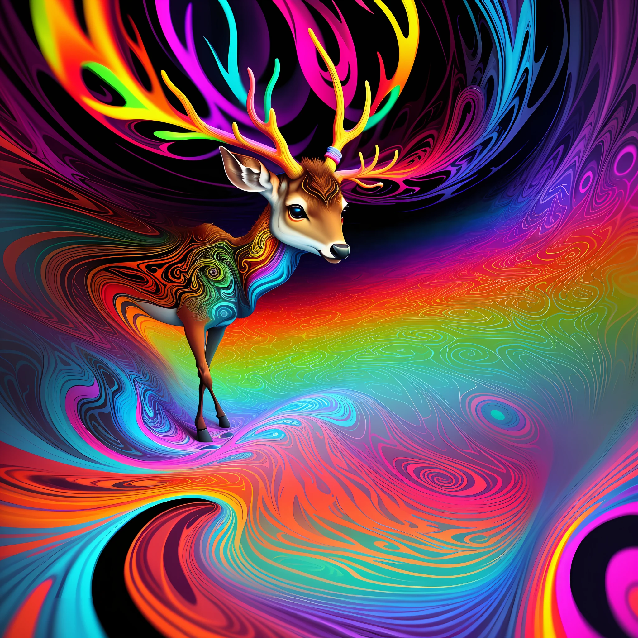 (Psychedelic painting of a deer standing in front of a colorful swirl), ((multiple antlers, stag, big head)), bright colors, thick lines, waves, multiple layers, foreground, perspective, fractal Thunder Dan Mumford , Dan Mumford and Alex Gray style, psychedelic surreal art, surreal psychedelic design, dream art style, illusion psychedelic art, infinite psychedelic waves, inspired by Cyril Rolando Rolando), realistic ripple structure, psychedelic art style, psychedelic art, psychedelic illustration -- V6