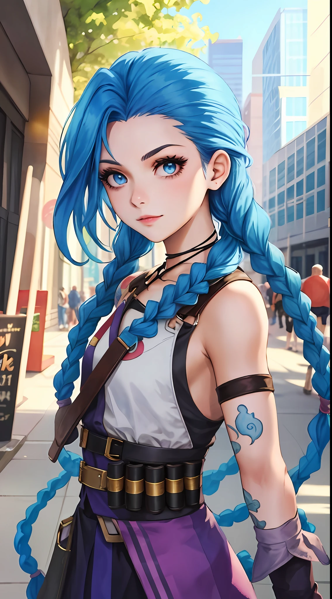 semi-realistic, 2.5D, detailed, flat colors only, illustration, line-art, watercolor:0.8, best quality,
detailed background,
close-up head and shoulders of 18yo 1girl, Jinx cosplay, outdoors,
light-blue hair, twin braids, tattoos, event pass,
in convention center at cosplay event,
side-lighting, dramatic lighting, deep shadows,