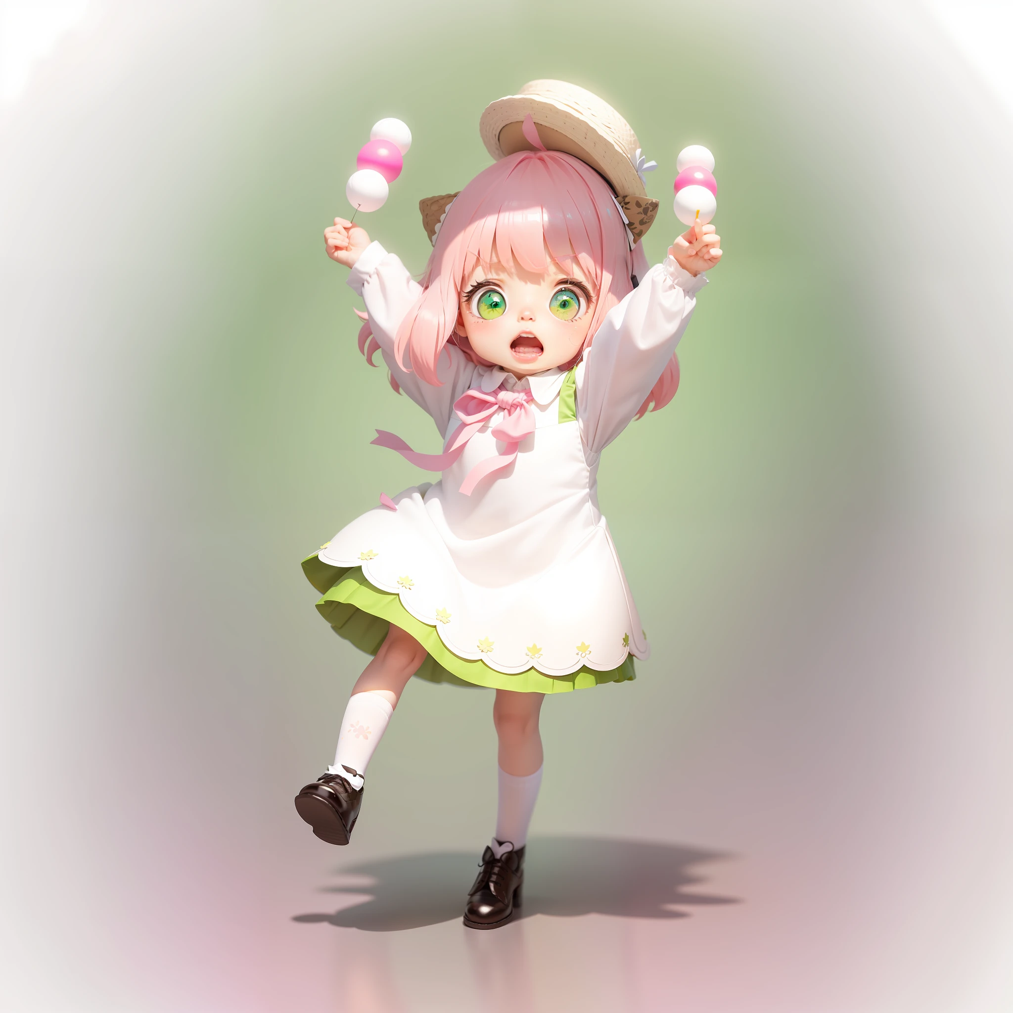 Blind Box toy style, a cute ***********, pink hair, green eyes, green short skirt, lace, white lining, brown woven hat, black cat ear decoration, white flower bow tie, yellow silk tie, white lace socks, brown small leather shoes, open mouth, hands raised, holding two strings of three-colored balls, toothy