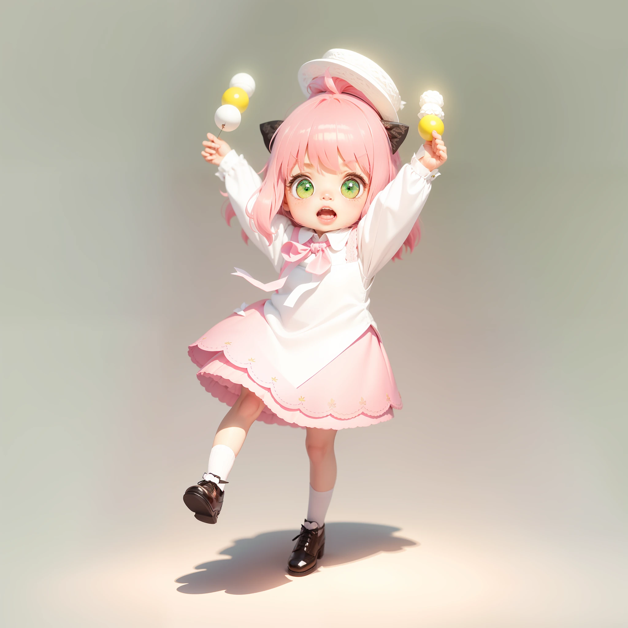 Blind Box toy style, a cute , pink hair, green eyes, green short skirt, lace, white lining, brown woven hat, black cat ear decoration, white flower bow tie, yellow silk tie, white lace socks, brown small leather shoes, open mouth, hands raised, holding two strings of three-colored balls, toothy