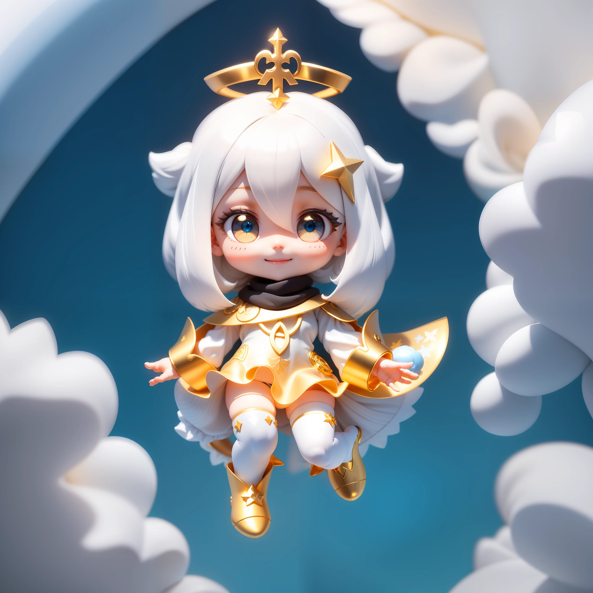 Blind Box toy style, a cute  girl with white hair, blond ring hair ornament, black scarf, white jumpsuit, smile, gold pattern decoration on it, light gold cuffs, light gold shoes, white stockings on right leg, blush, black diamond hair ornament, blue big eyes starlight, white socks, starry blue gradient three-segment cape