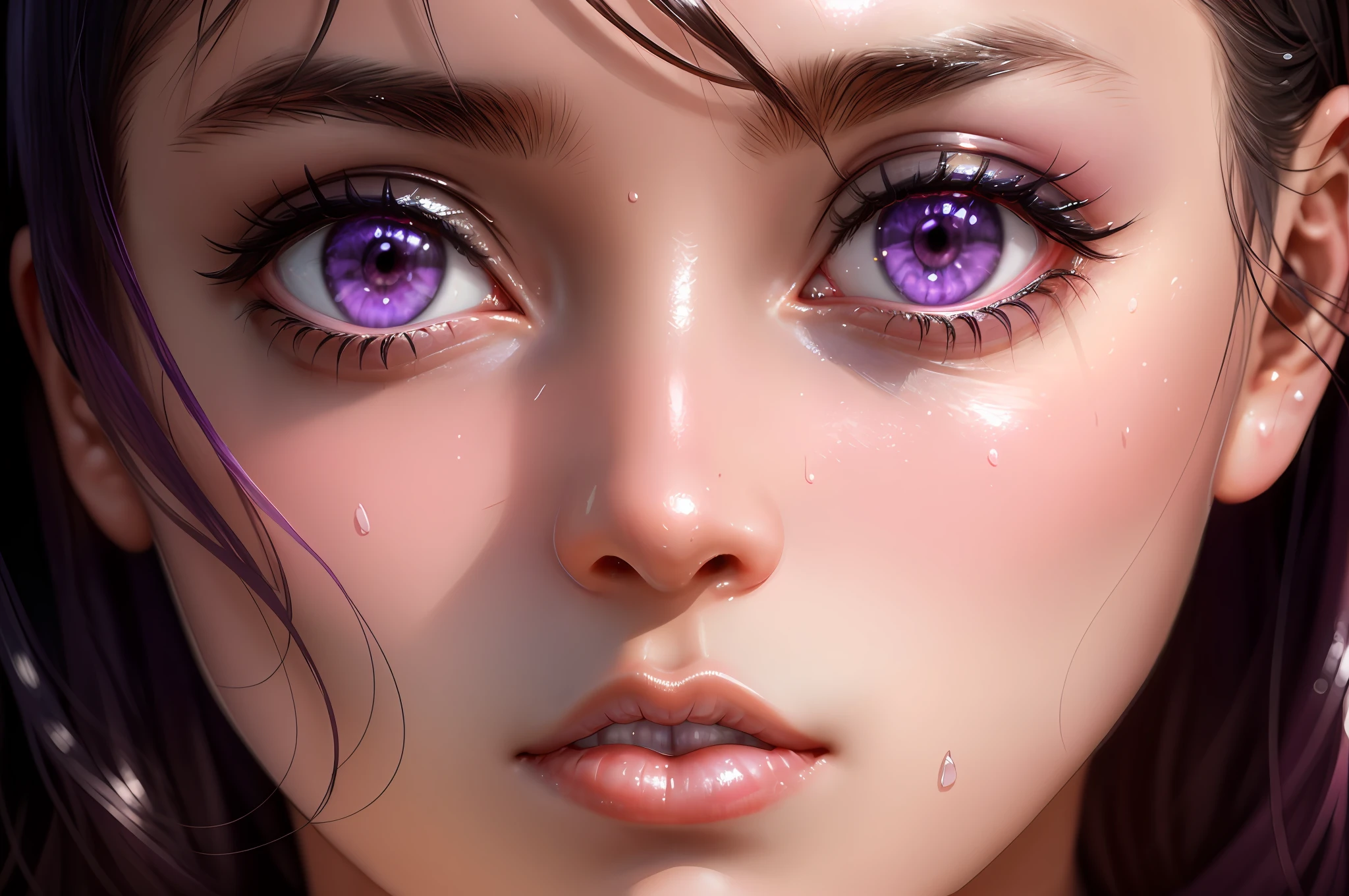 masterpiece, best quality, realistic, hyper-detailed, high resolution, absurd, 1girl, solo, cute, (black hair), (shiny skin, sweaty:1.2), (pink bikini), sharp focus, depth of field, detailed eyes, sharp pupils, realistic pupils, looking at viewer, (purple eyes), small breasts