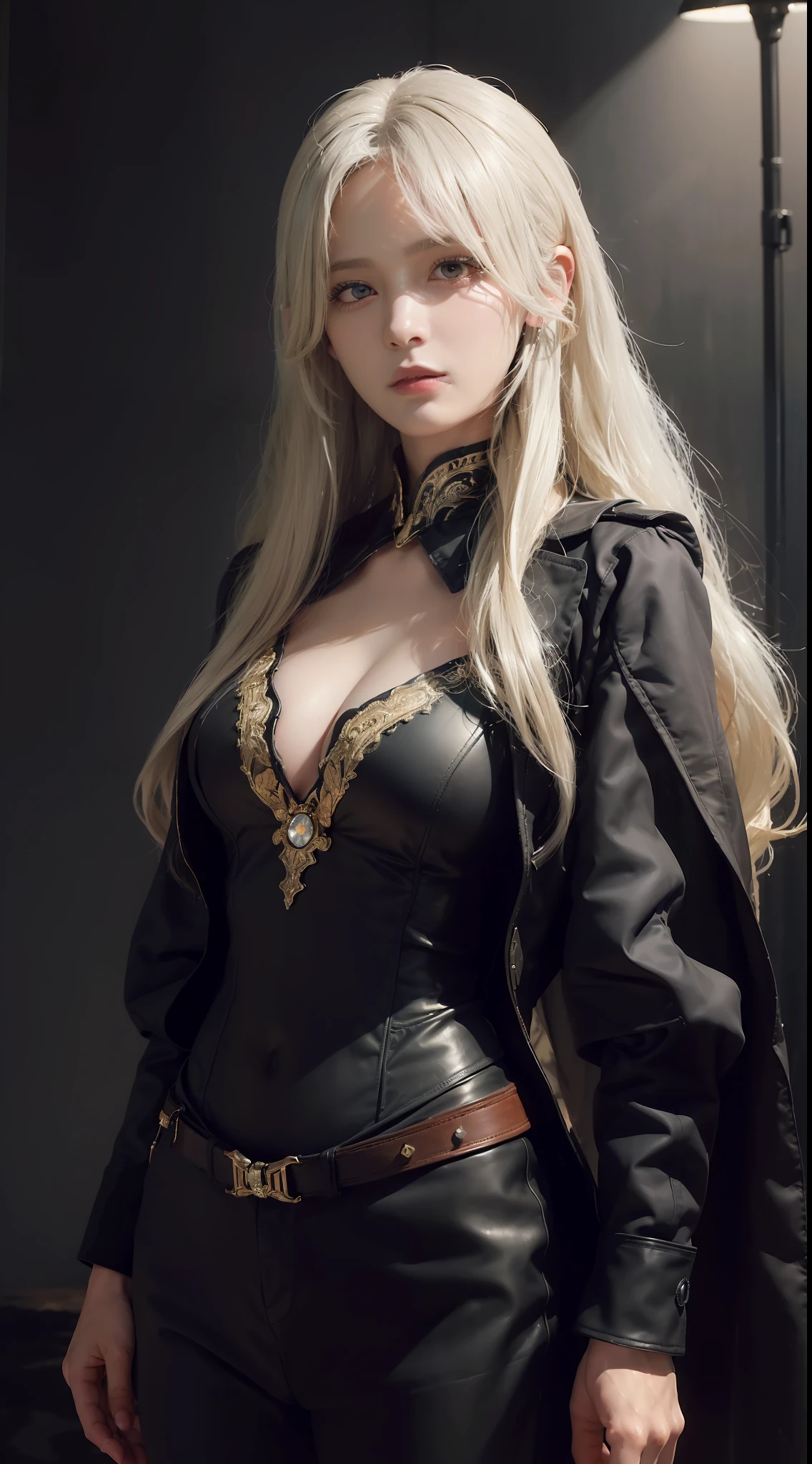 (in the dark:1.6), Hyperrealist portrait of female by david hockney and alphonse mucha,fantasy art, photo realistic, dynamic lighting, artstation, poster, volumetric lighting, very detailed faces, 4 k, award winning,, 1girl, in the dark, deep shadow, low key,cowboy shot,(official clothing:1.4) ,long hair,white hair,