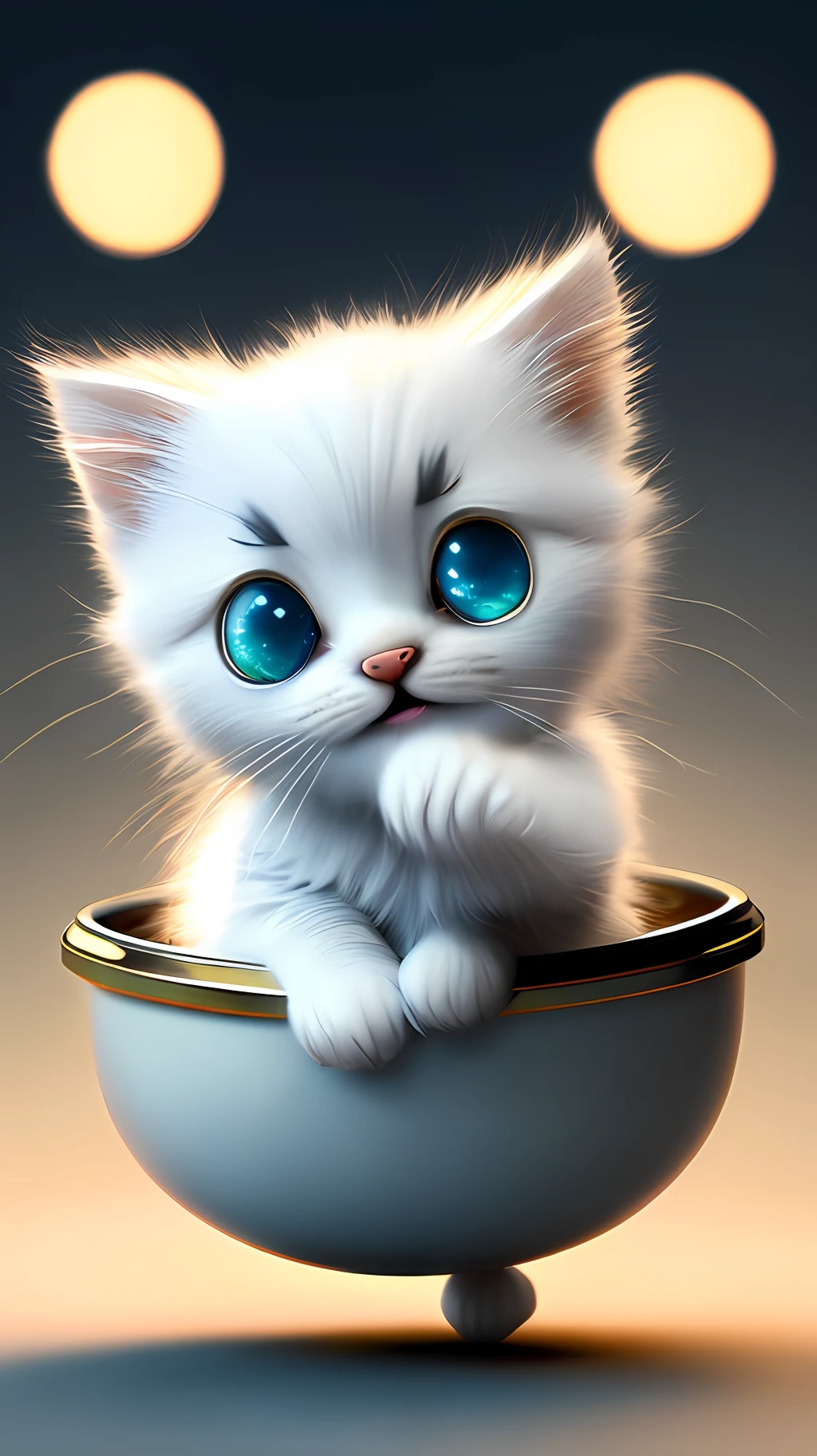 Pixar style, 3D, little cute and cute white-haired kitten Superman, floating in space, big eyes, laughter, excitement, Jean-Baptiste Monge, anthropomorphic, dramatic lighting
