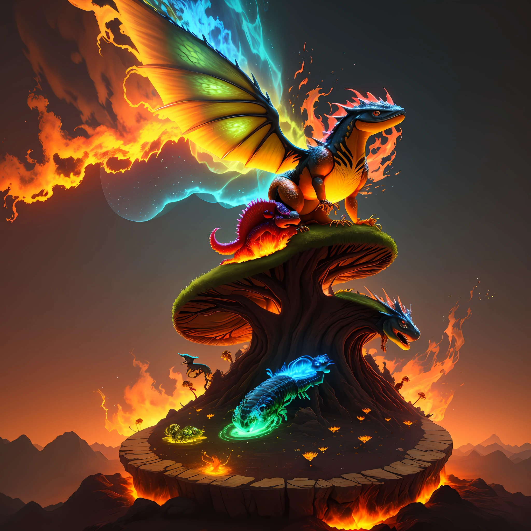 Anthill sitting on top with glowing salamander and fiery phoenix merging life form, fantasy, realistic in 4K high quality, 3d model, super high quality