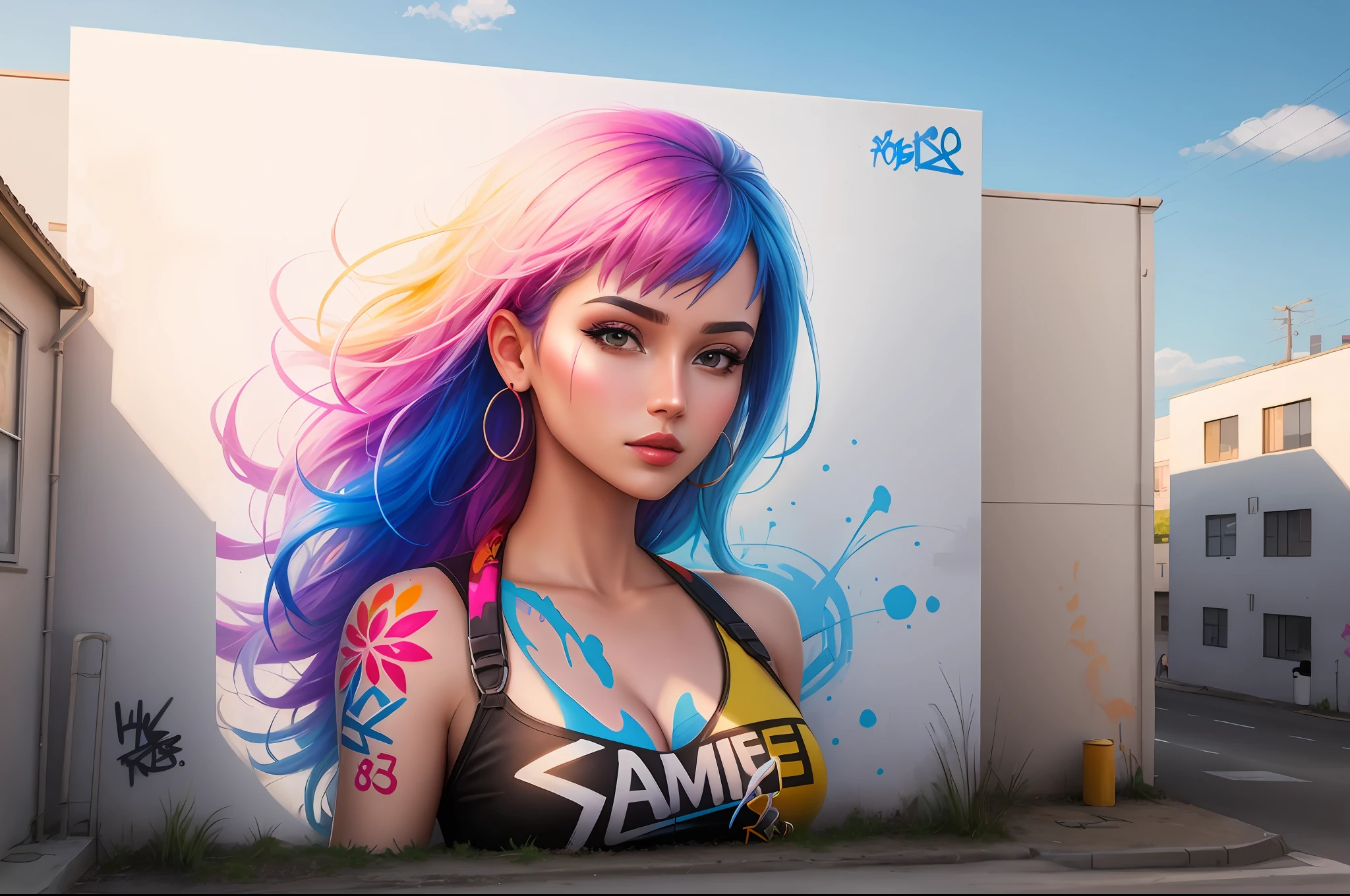Graffiti painting, street art, 8k wallpaper extremely detailed CG unit, 8k landscape, artwork, masterpiece, best quality, amazing light brush strokes, of a woman in graffiti style on a white wall with vibrant colors.