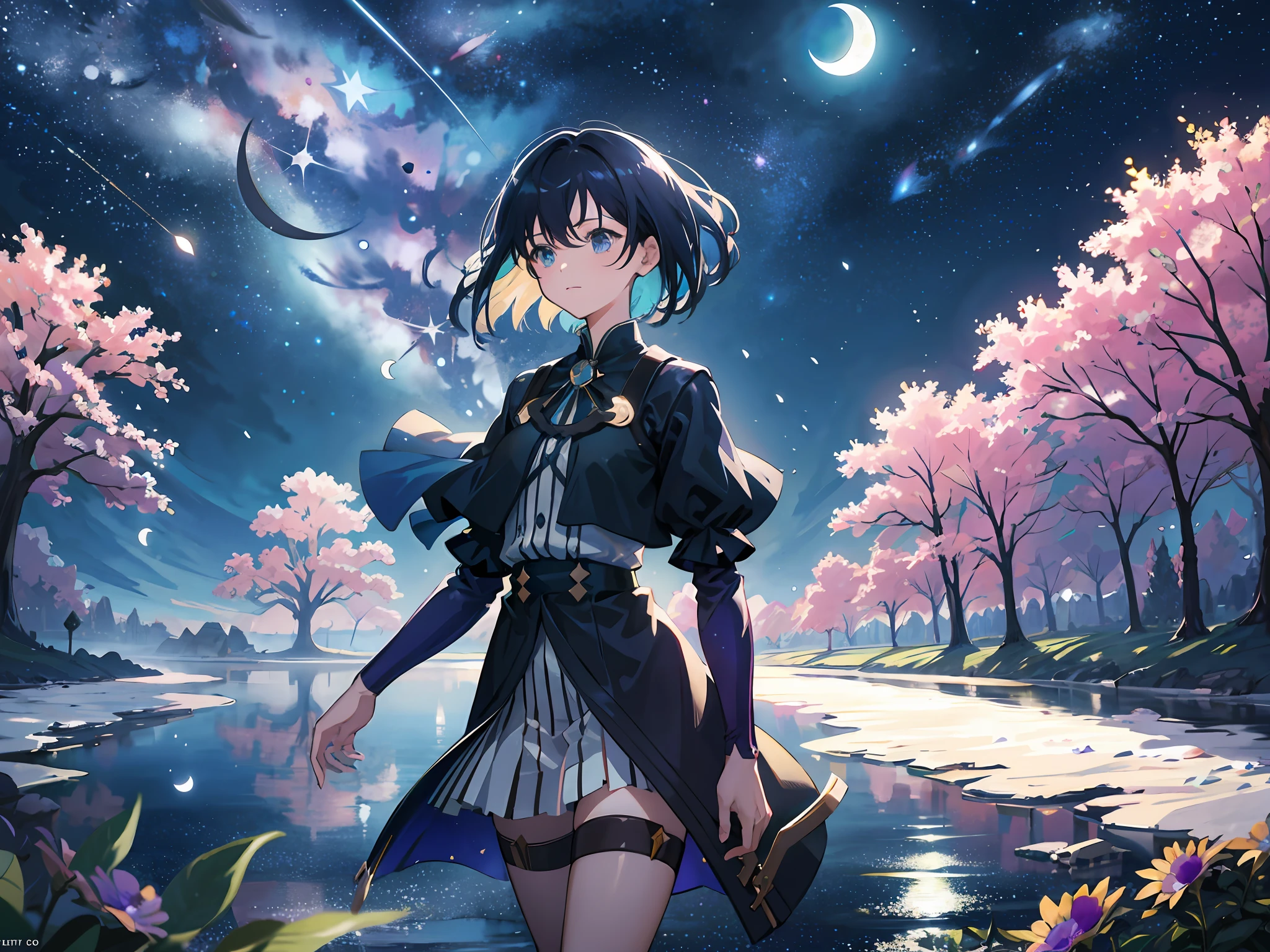 (masterpiece,best quality,highres,ultra_detailed:1.2),
(1girl,solo:1.2),anime face, tall body,(girl focus:1.2), multicolored messy hair,
(detailed_background),landscape,((night,moon,starry sky,milky_way:1.5)),dark,((flowers:1.6)), firefly, shooting star,reflective, colorful palette, anime painting,Makoto Shinkai
fantasy, light_particles,ruins:0.5, pond|river, stone forest|stone pillars, waterfall, cliff, sakura,floating,Style-Petal:0.5,mist:0.4,magic,octane render, bioluminescent,8K resolution concept art, realism,by Mappa studios,masterpiece,best quality,official art,illustration,ligne claire,(cool_color),perfect composition,absurdres, fantasy,focused,motion,(depth_of_field), extension image,