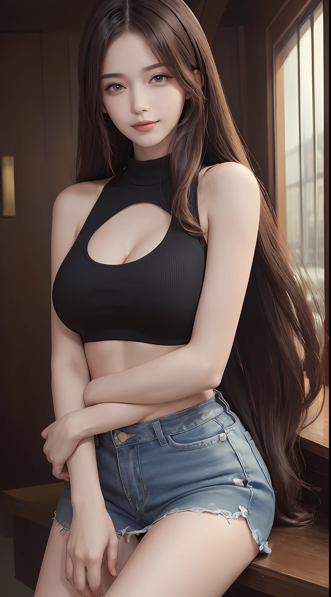 ((Best quality, 8k, Masterpiece :1.3)), 1girl, beautiful woman with emphasis on slender abs: 1.3, (long hair, big breasts: 1.2), oversized tank top: 1.2, super delicate face, delicate eyes, double eyelids, smile, home, random color clothes