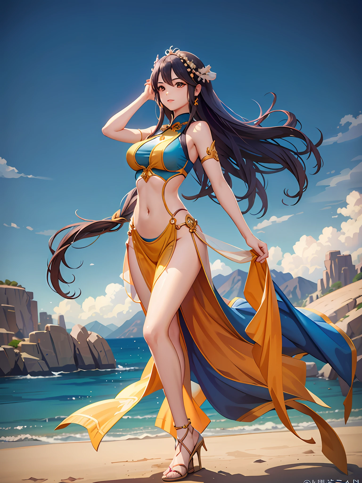 A woman in blue and orange costume standing in the desert, belly dancer, dancing smart flying dance, dancing gracefully, like a swan, beautiful fantasy queen, full body fairy, gorgeous Chinese model, fantasy shooting, Chinese fantasy, colorful rich fantasy costumes, sea queen Mu Yanling, oriental fantasy, charming cosplay, beautiful Chinese girl, silk fluttering in the wind, sexy back, delicate facial features