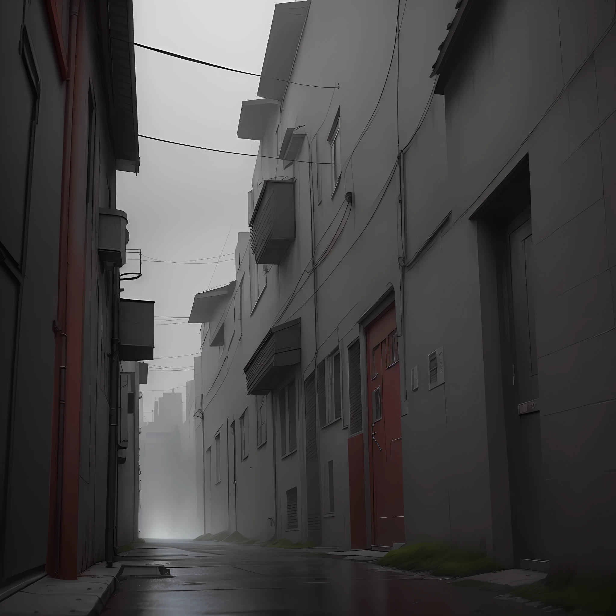 (A melancholy and gray landscape, the urban mixes with the (unknown)), (in the background it is possible to observe an alley where (Jack) lurks), a red mist covers the city. Realistic, cinematic lighting, best quality, 4k, 3d rendering, feeling of suspense.