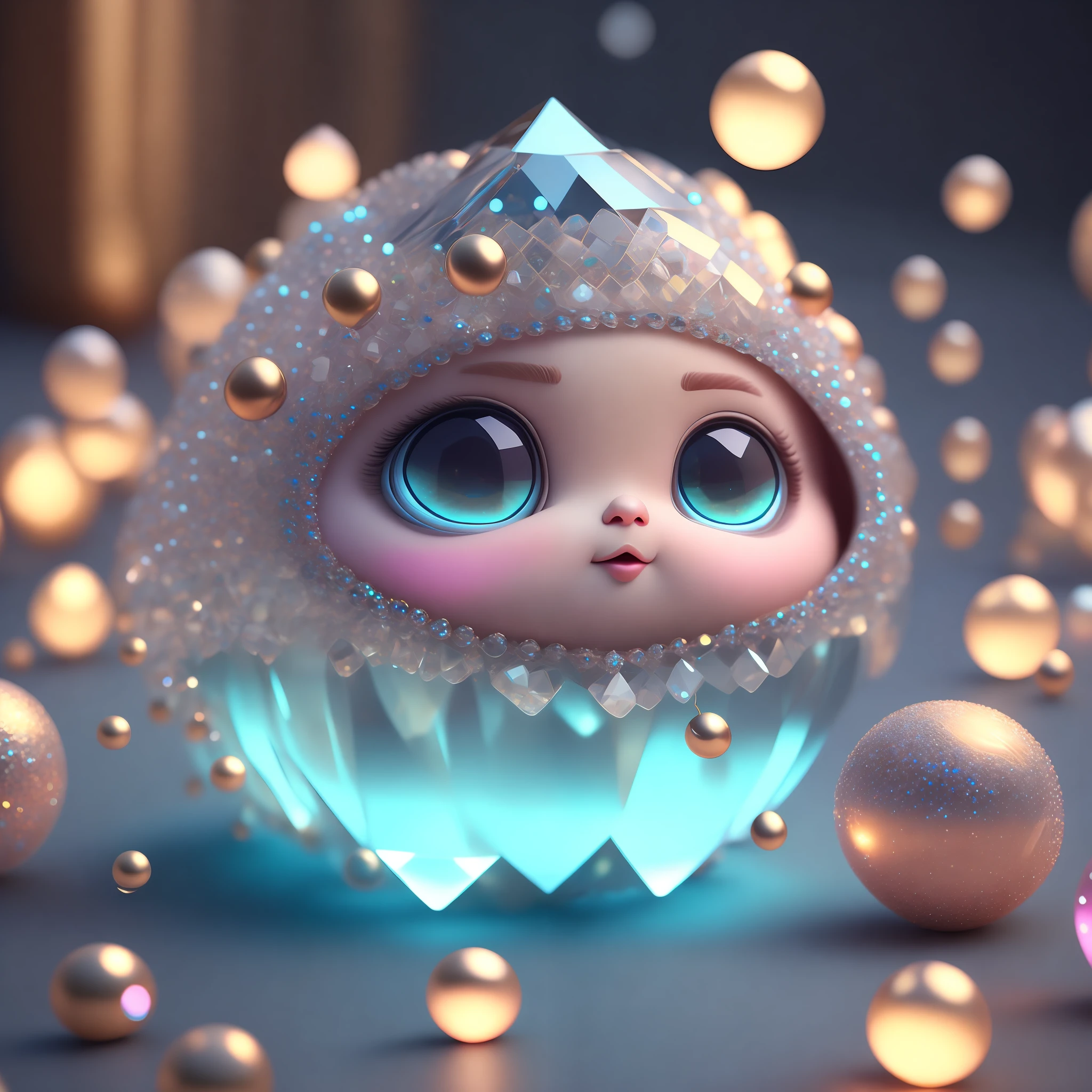 A cute little chubby made of crystal balls, highly detailed complex concept art trend with low poly eyes artstation 8k, octane rendering, fine, wallpaper, fine details, masterpiece, best quality, official art,