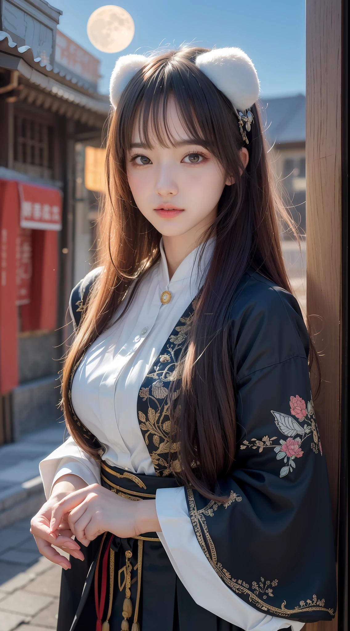 (8k, RAW photo:1.2), best quality, ultra high res,dramatic angle,(fluttered detailed color splashs), (illustration),(((1 girl))),(long hair),(rain:0.9), (头饰:1.4),少女身边有一座古宫,汉服,(重点),彩色水墨画,(泼彩),泼彩,(((colorful))),(素描:0.8) , Masterpiece, best quality, beautiful painted, highly detailed,(denoising:0.6),[splash ink],((ink refraction)), (beautiful detailed sky),moon,highly,detaild,(masterpiece, best quality, extremely detailed） CG unity 8k壁纸，杰作，最好的质量，超详细），（石蒜），