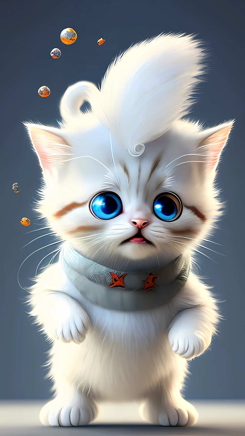Pixar style, 3D, cute and cute white-haired kitten Superman, big eyes, laughter, excitement, floating in space, Jean-Baptiste Monge, anthropomorphic, dramatic lighting