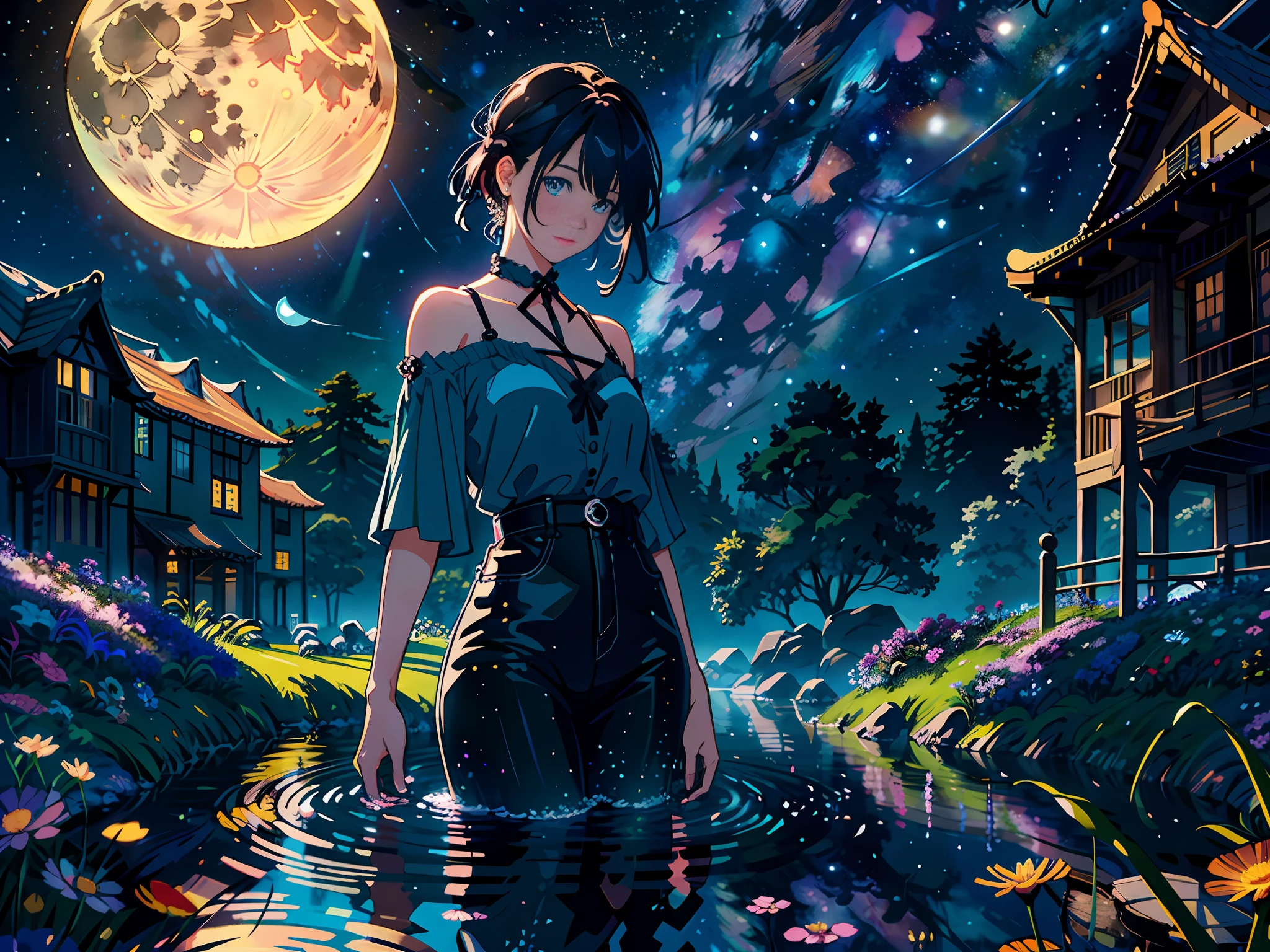 (masterpiece,best quality,highres,ultra_detailed:1.2),
(1girl,solo:1.2),anime face, tall body,(girl focus:1.2), multicolored messy hair,
(detailed_background),landscape,((night,moon,starry sky,milky_way:1.5)),dark,((flowers:1.6)), firefly, shooting star,reflective, colorful palette, anime painting,Makoto Shinkai
fantasy, light_particles,ruins:0.5, pond|river, stone forest|stone pillars, waterfall, cliff, sakura,floating,Style-Petal:0.5,mist:0.4,magic,octane render, bioluminescent,8K resolution concept art, realism,by Mappa studios,masterpiece,best quality,official art,illustration,ligne claire,(cool_color),perfect composition,absurdres, fantasy,focused,motion,(depth_of_field), extension image,
