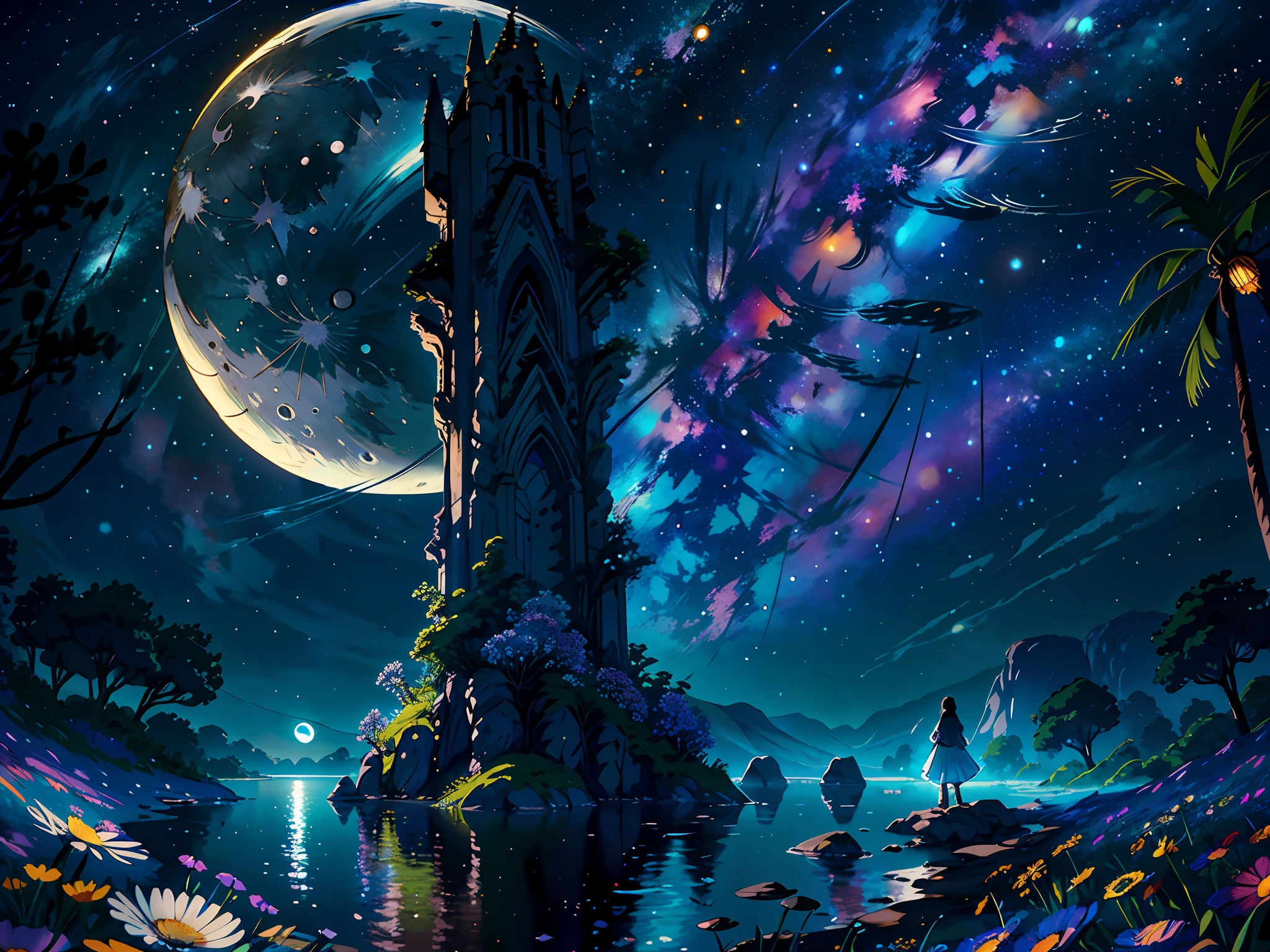 (masterpiece,best quality,highres,ultra_detailed:1.2),
(1girl,solo:1.2),anime face, tall body,(girl focus:1.2), multicolored messy hair,
(detailed_background),landscape,((night,moon,starry sky,milky_way:1.5)),dark,((flowers:1.6)), firefly, shooting star,reflective, colorful palette, anime painting,Makoto Shinkai 
fantasy, light_particles,ruins:0.5, pond|river, stone forest|stone pillars, waterfall, cliff, sakura,floating,Style-Petal:0.5,mist:0.4,magic,octane render, bioluminescent,8K resolution concept art, realism,by Mappa studios,masterpiece,best quality,official art,illustration,ligne claire,(cool_color),perfect composition,absurdres, fantasy,focused,motion,(depth_of_field), extension image,