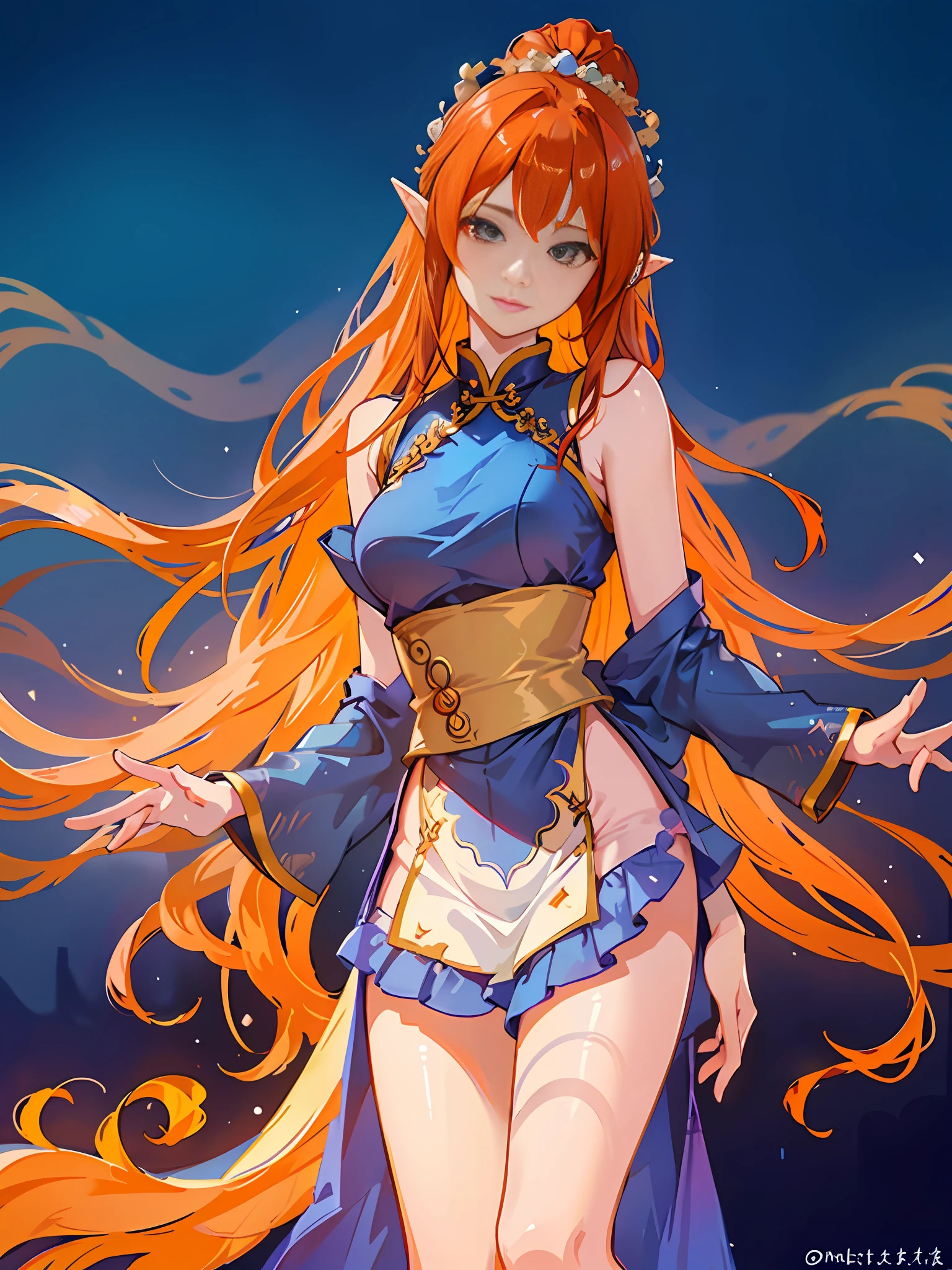 A woman in a blue and orange dress standing in the desert, a beautiful fantasy queen, flying dancer, very beautiful elf, colorful rich fantasy costume, beautiful fantasy girl, beautiful flowing fabric, fantasy style costume, beautiful goddess, stunning young ethereal figure, oriental fantasy, flowing silk, beautiful maiden, gorgeous Chinese model, sexy back, delicate facial features