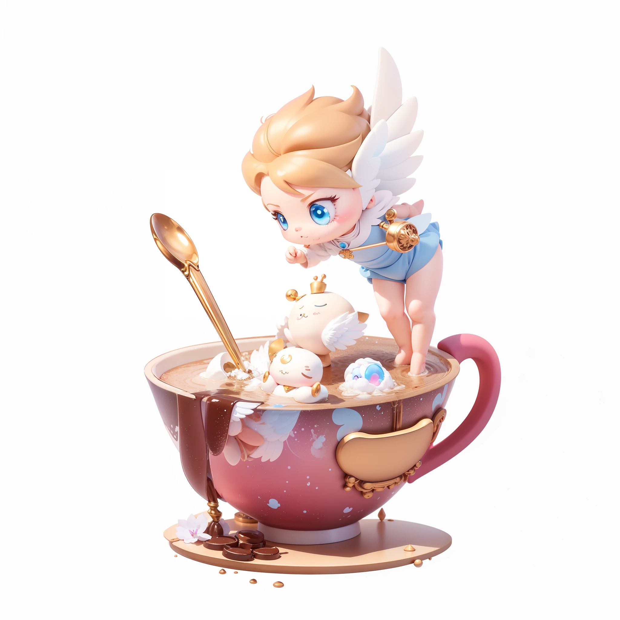 blind box toy style, a cute little boy, angel, white wings, standing on the edge of a coffee cup, blonde hair, moon-shaped staff, light blue eyes, light blue clothes, bare arms, bare thighs, red coffee cup with diamond pattern, coffee spill, brown liquid, golden long spoon, cloud monster inside, pink eyes, cute fantasy creature