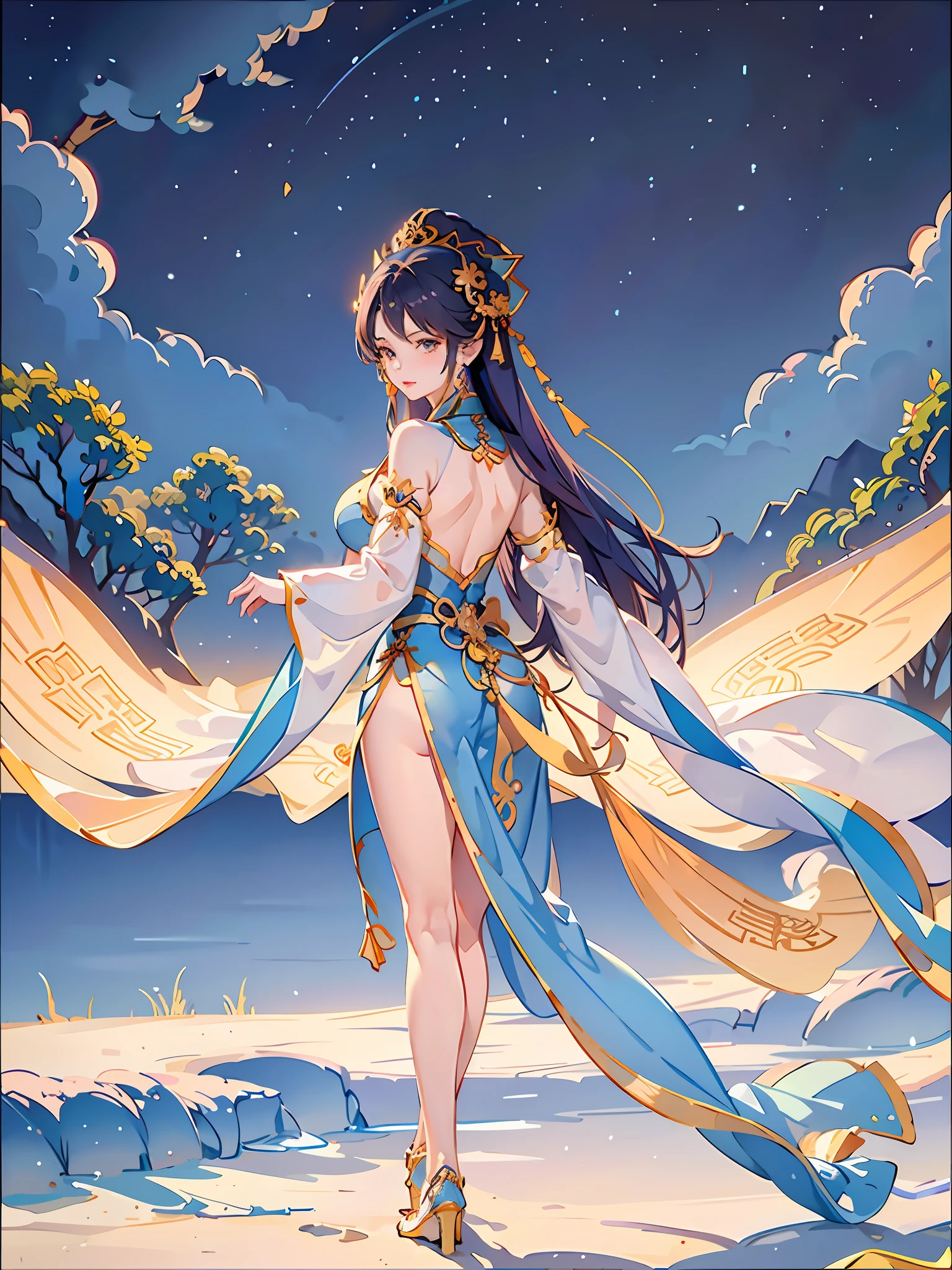 A woman in blue and orange costume standing in the desert, flying dancer, beautiful fantasy queen, full body fairy, gorgeous Chinese model, fantasy costume, colorful rich fantasy costume, smart flowing fabric, Chinese fantasy, sea queen Mu Yanling, oriental fantasy, charming cosplay, beautiful girl, Chinese girl, silk fluttering in the wind, sexy back, delicate facial features
