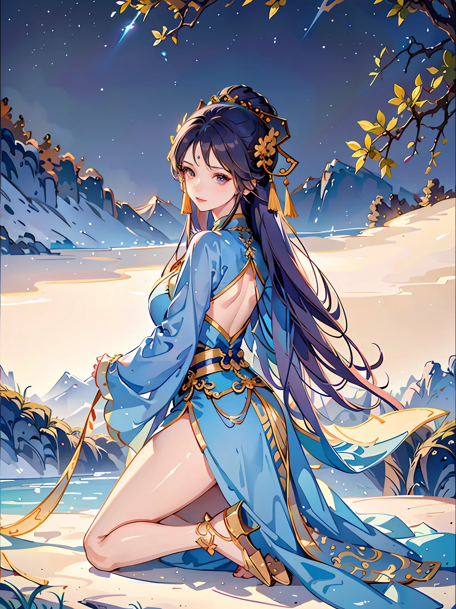 A woman in blue and orange costume standing in the desert, flying dancer, beautiful fantasy queen, full body fairy, gorgeous Chinese model, fantasy costume, colorful rich fantasy costume, smart flowing fabric, Chinese fantasy, sea queen Mu Yanling, oriental fantasy, charming cosplay, beautiful girl, Chinese girl, silk fluttering in the wind, sexy back, delicate facial features