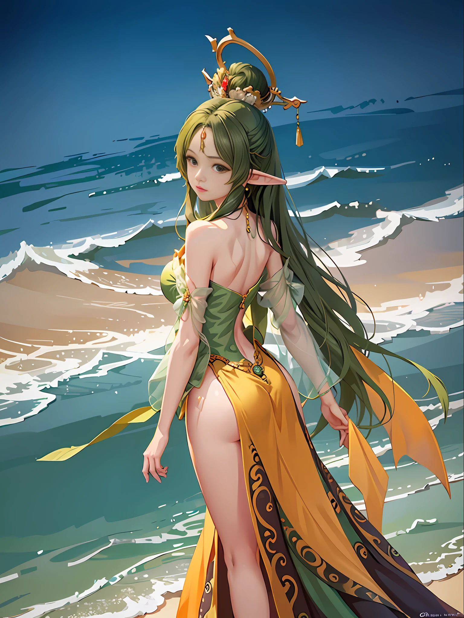 A woman in a green and orange dress standing on the beach, a beautiful fantasy queen, flying dancer, very beautiful elf top model, colorful rich fantasy costumes, beautiful fantasy girl, beautiful flowing fabrics, fantasy style clothing, beautiful goddess, stunning young ethereal figure, oriental fantasy, flowing silk, beautiful girl, gorgeous Chinese model, sexy back, delicate facial features