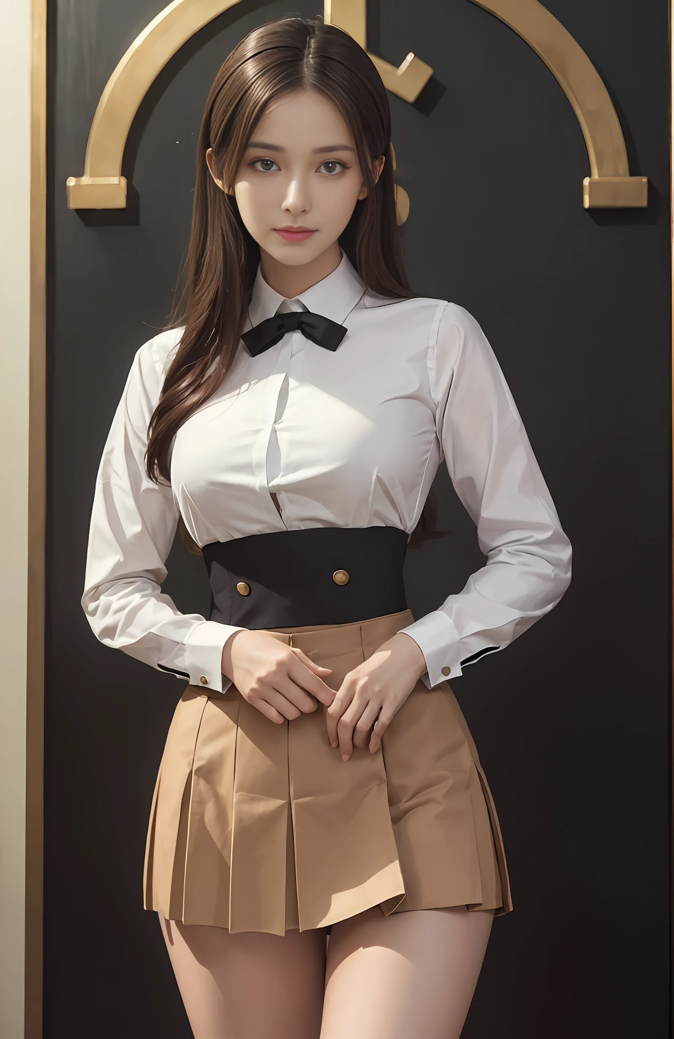 (hyperrealistic) , (illustration), (increase resolution), (8K), (extremely detailed), (best illustration), (beautiful detailed eyes), (best quality), (super detailed), (masterpiece), (wallpaper), (detailed face), solo, 1 girl, looking at the audience, exquisite details, detailed face, in the dark, deep shadow, understated,pureerosfaceace_v1, smile, half-body, jk uniform, pleated skirt, camel toe, long legs, thin waist, Ultra-fine makeup, ultra-fine clothing material