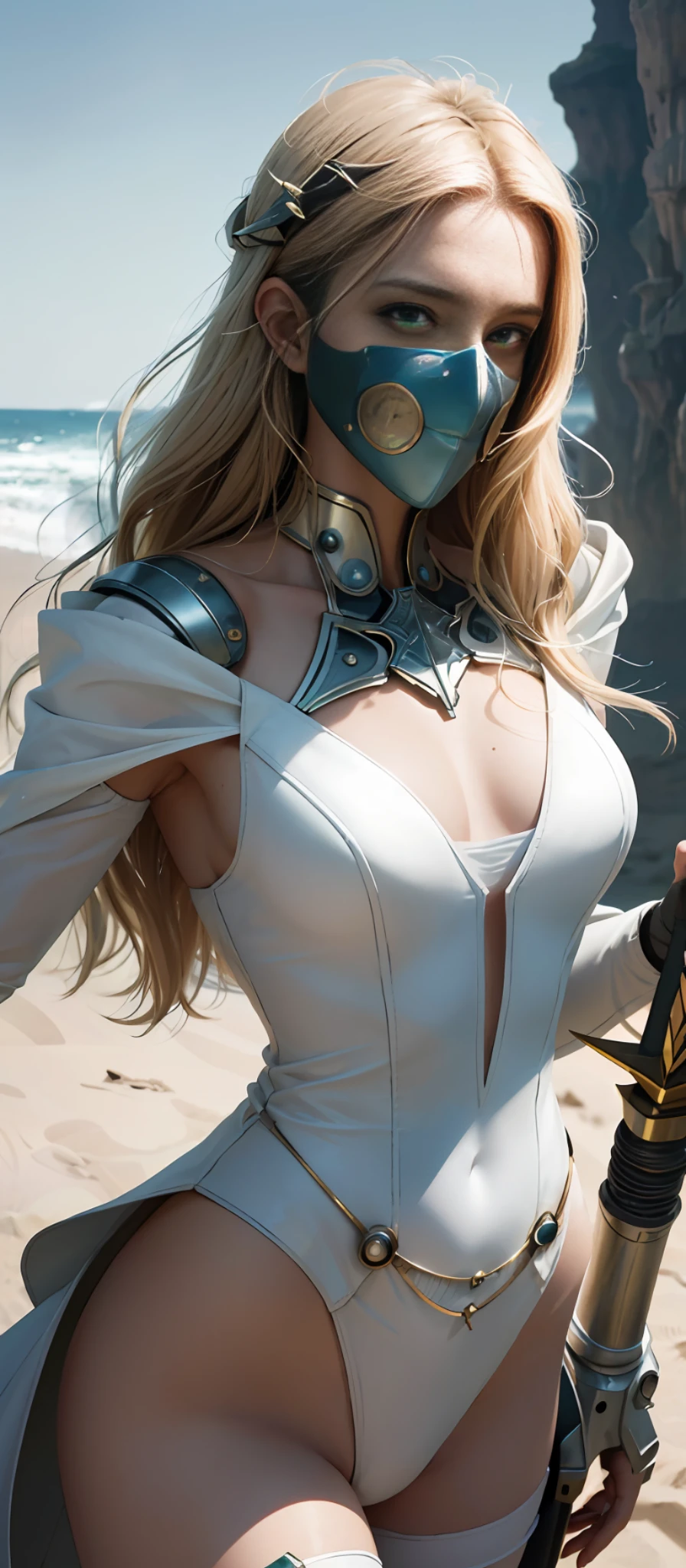 masterpiece, best quality, film, official art, sand, natural propaganda art, movie wallpaper, very detailed CG uniform 4k wallpaper, intricate details, white background, upper body, facial focus, concept art, making art, (high resolution), (realistic:1.2), physically based rendering, mechanical, reflection, realism, cyberpunk, symmetry front view close-up avatar eyes symmetrical face ,very sharp focus ,realistic award winning ,mask painting, cinematic light, 1 boy, mecha, (illustration: 1.1), slim, fair skin, delicate face, king robe, glossy, tights, (long blonde hair), green eyes, battlefield, chip, shine, sword, (no panties), (no bra)