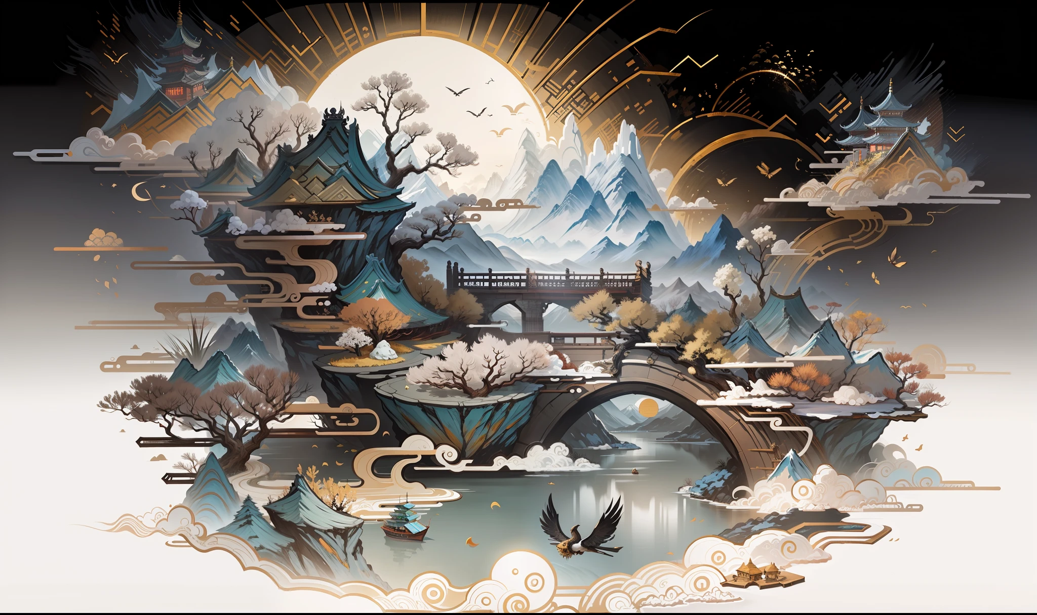 Ancient Chinese scenery, mountains, rivers, auspicious clouds, sunshine, white background, masterpiece, super detail, epic composition, Ultra HD, high quality, extremely detailed, official art, unified 8k wallpaper, Super detail, 32k -- v 6