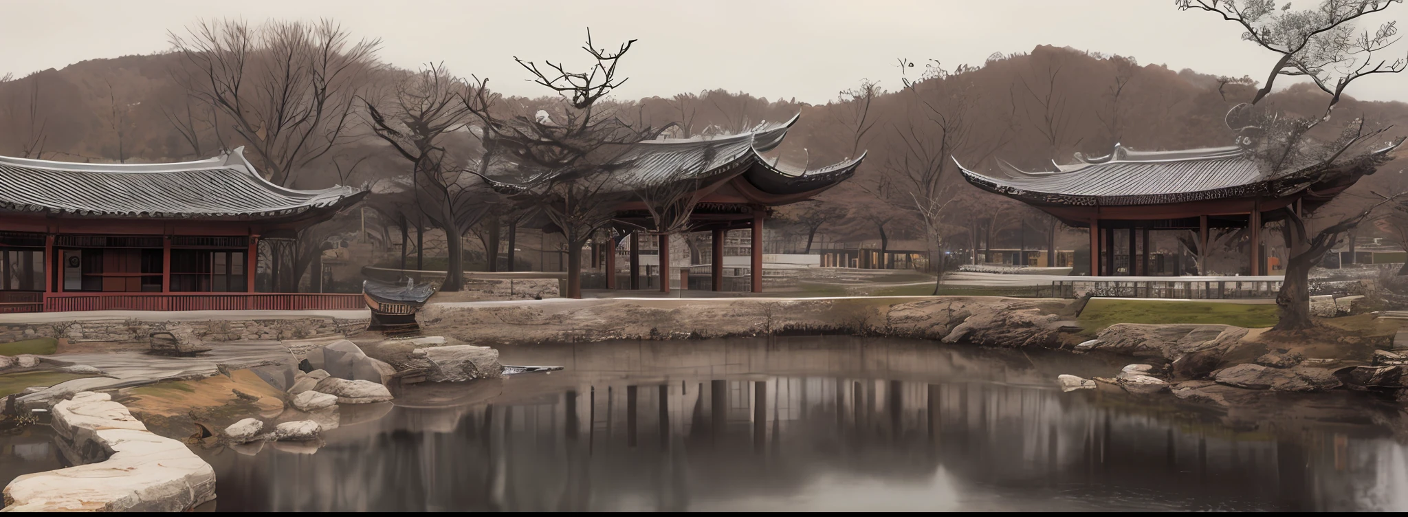 trees, landscapes, cities, architecture, bare trees, architecture, cityscapes, non-humans, pagodas, bridges, East Asian architecture, water