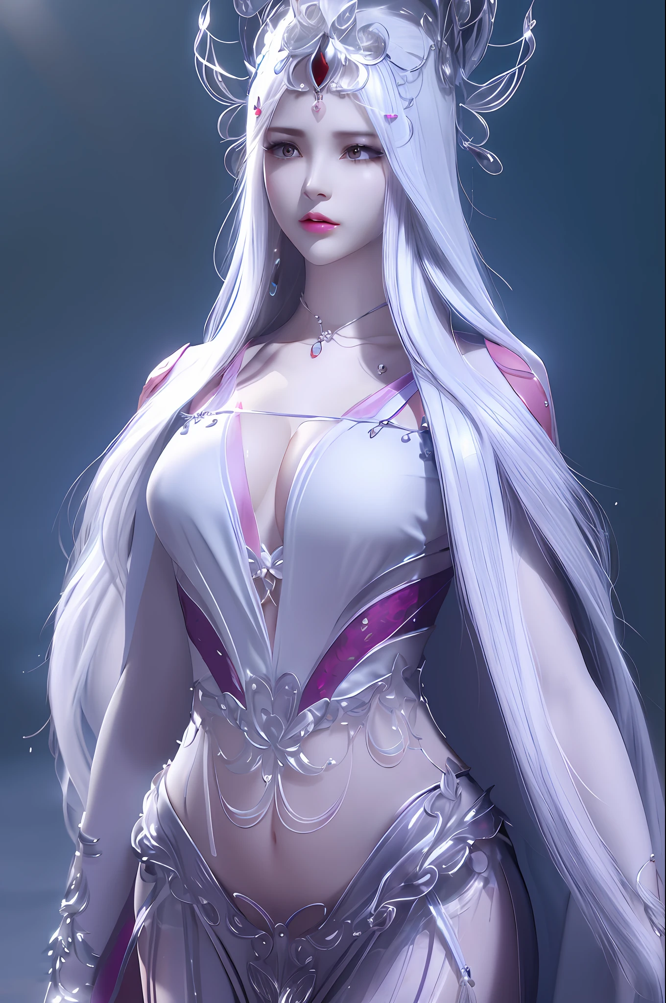 Crying, tears, white hair, delicate hairstyle, a girl wet from the rain, standing on the street, big breasts, open chest, long eyelashes, lip gloss, transparent white shirt, necklace, earrings, top quality, transparent black miniskirt, high resolution rate, 8K quality