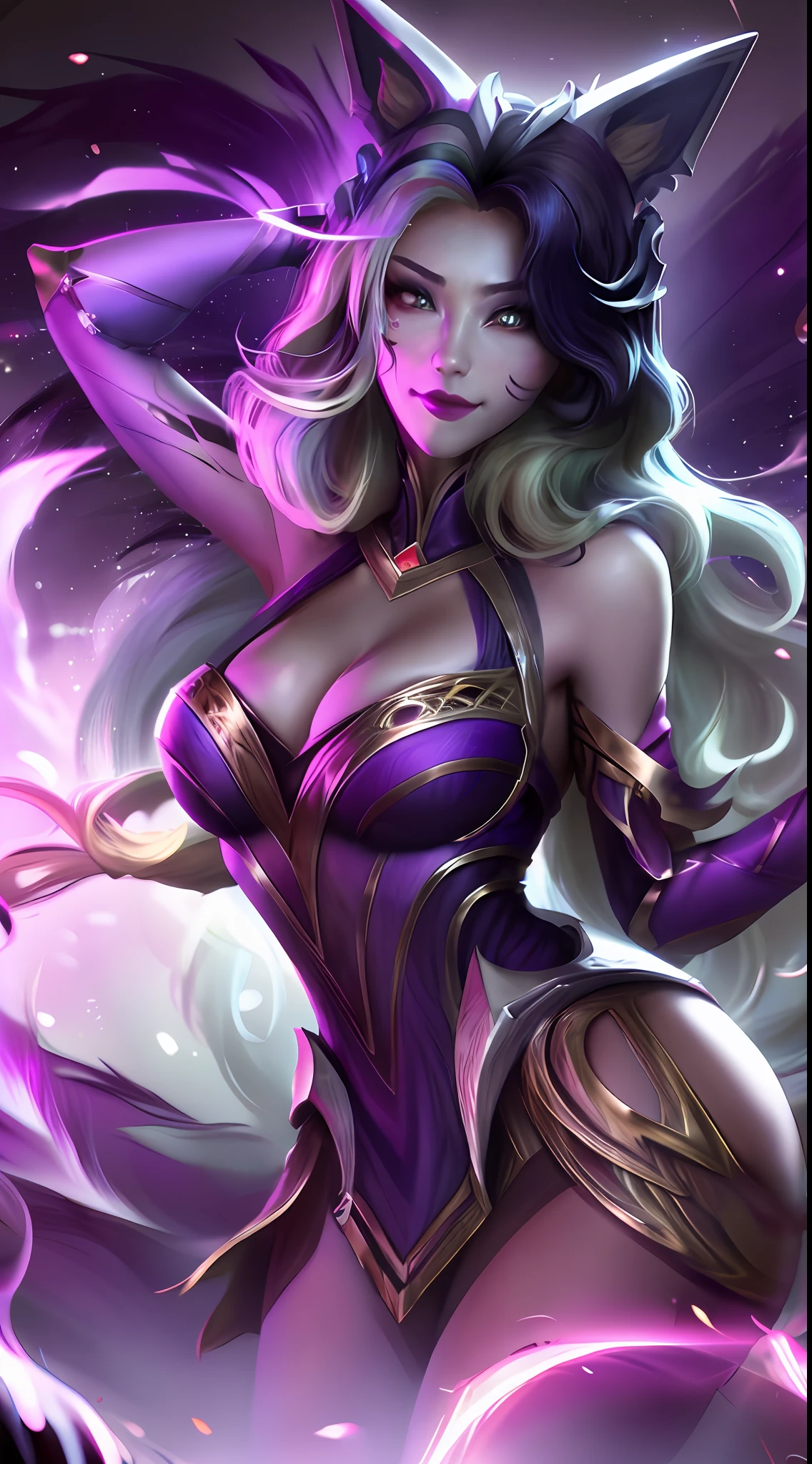 purple hair, parted bangs, mole under eye, mismatched pupils, gradient eyes, wide-eyed, fox ears, seductive smile, torogao, god rays, glowing light, Surrealism, Conceptual art, Tonalism, vanishing point, wide shot, UHD, masterpiece, textured skin, highres, best quality, high quality, super detail，一个穿着猫服装的女人拿着水晶球，IG模型|艺术胚芽，暗黑系风格，完美的身材，