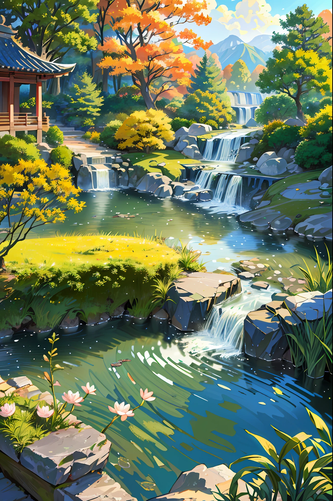 ((Very detailed CG unified 8k wallpaper, masterpiece, best quality, realistic lighting and HD details)), ancient Chinese architecture, autumn, running water, stone bridge, rockery, corner, tree, lake, landscape, waterfall, meadow, rock, water lily, hot spring, water vapor, more cool tones, (illustration: 1.0).