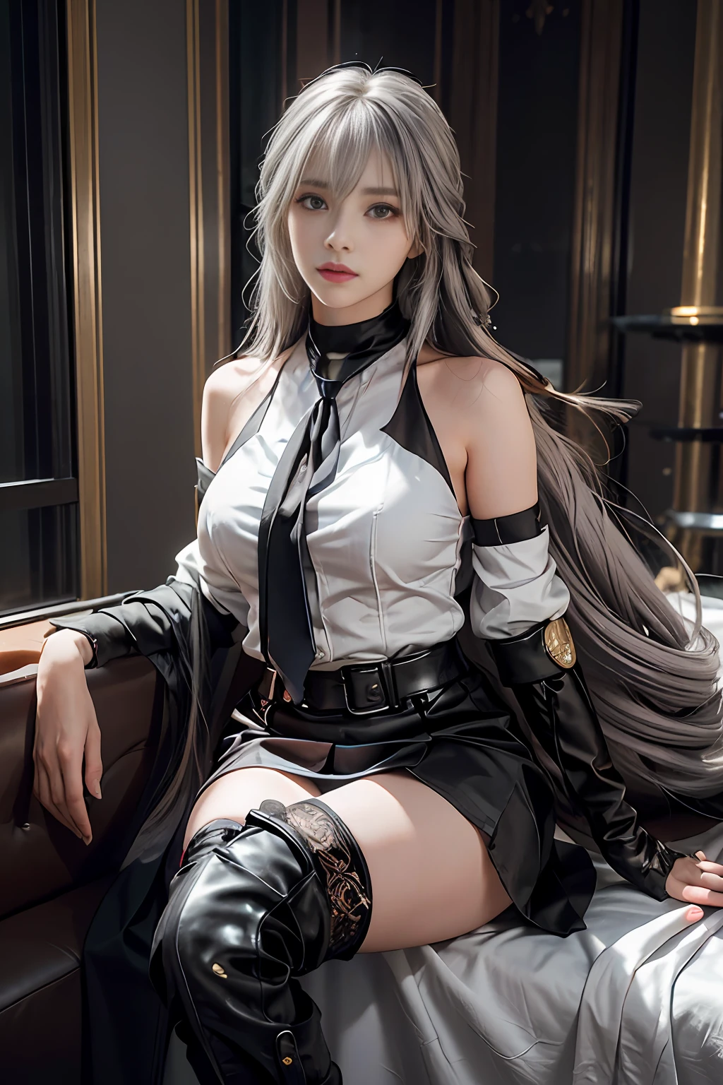 (RAW photo, best quality), (realistic, photo-realistic:1.3), masterpiece, an extremely delicate and beautiful, extremely detailed, CG, unity , 2k wallpaper, Amazing, finely detail, light smile, extremely detailed CG unity 8k wallpaper, huge filesize, ultra-detailed, highres, absurdres, soft light, fantasy,cyberpunk,indoors,medieval ancient church,multicolored Glass,presidential desk,
1girl, bronyarand, (full body:0.8), ((big breasts)), (((long hair:1.3), short bang, silk grey white hair, floating hair novafrogstyle)), cute, young, realistic face, mature face, beautiful detailed girl, grey eyes, extremely detailed eyes and face, beautiful detailed nose, beautiful detailed eyes, long eyelashes, realistic body, light on face, looking at viewer, (closed mouth:1.2),cosplay,black silk necktie, black silk jumpsuit, brown silk gloves,detailed fingers, leaning American sofa,crossed legs, beautiful detailed thigh, black thighhighs, full body pantyhouse,steel high heel, shoe hanging on feet,steel armor short skirt, black underwear,
