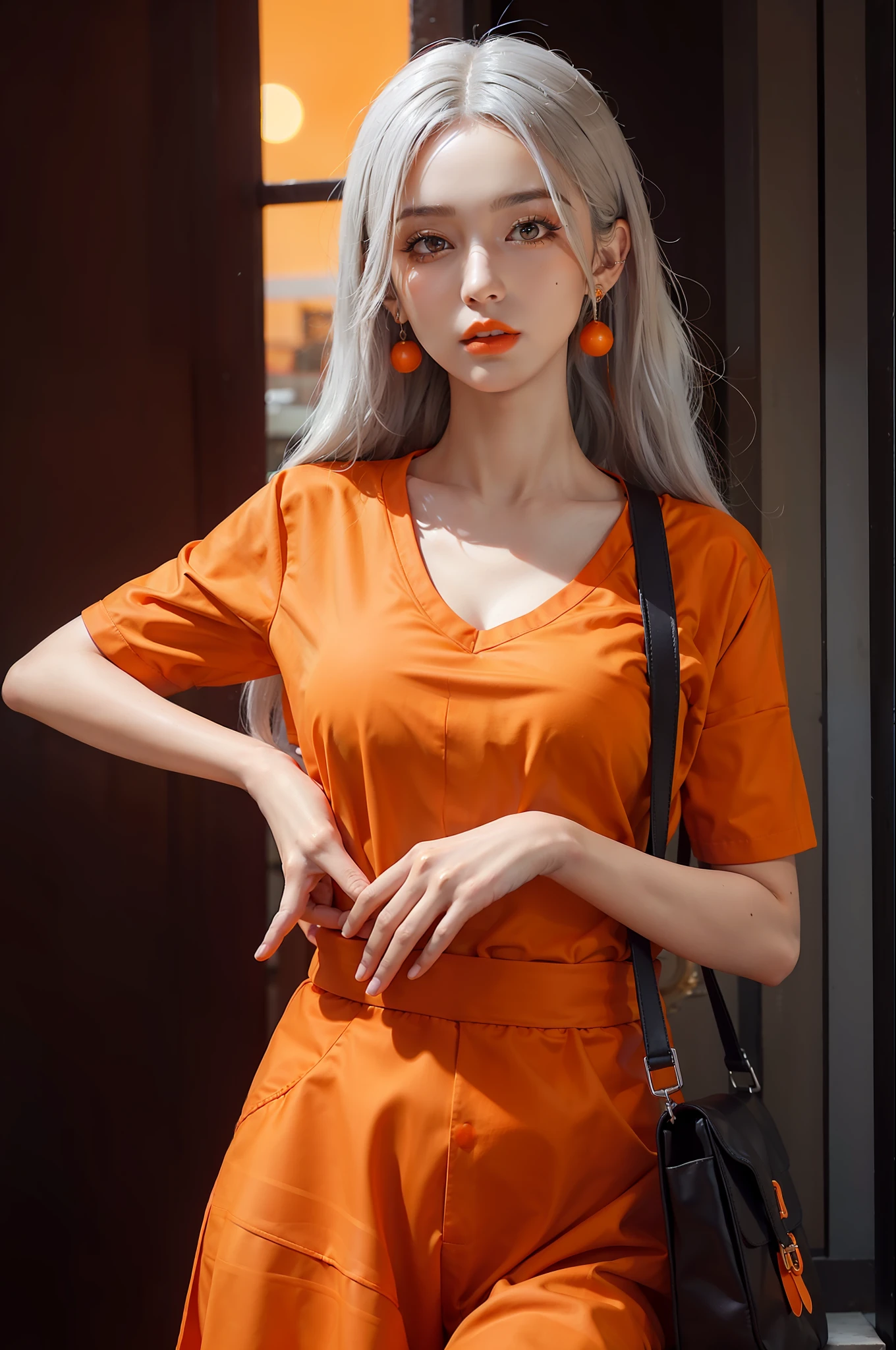 orange_background, 1girl, jewelry,carrying a stylish bag , earrings, orange_sky, orange_theme, solo, mole, long_hair, mole_under_eye, upper_body, grey_eyes, looking_at_viewer, sunset,white hair,(orange shirt:1.4), Fashion,