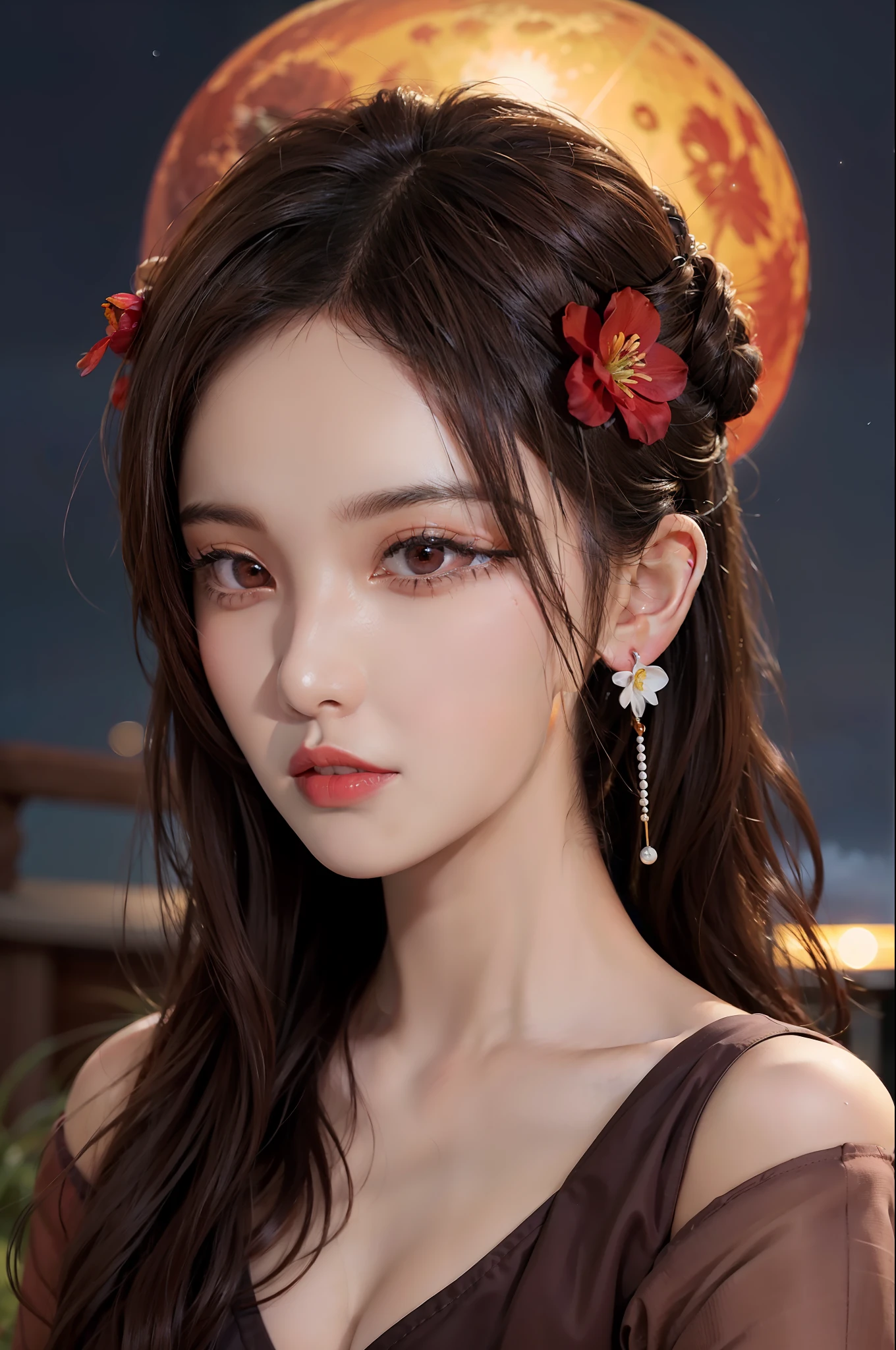 1girl, blurry, blurry_background, brown_eyes, brown_hair, depth_of_field, earrings, flower, full_moon, hair_flower, hair_ornament, lips, looking_at_viewer, moon, moonlight, night, night_sky, outdoors, red_flower, red_moon, sky, solo