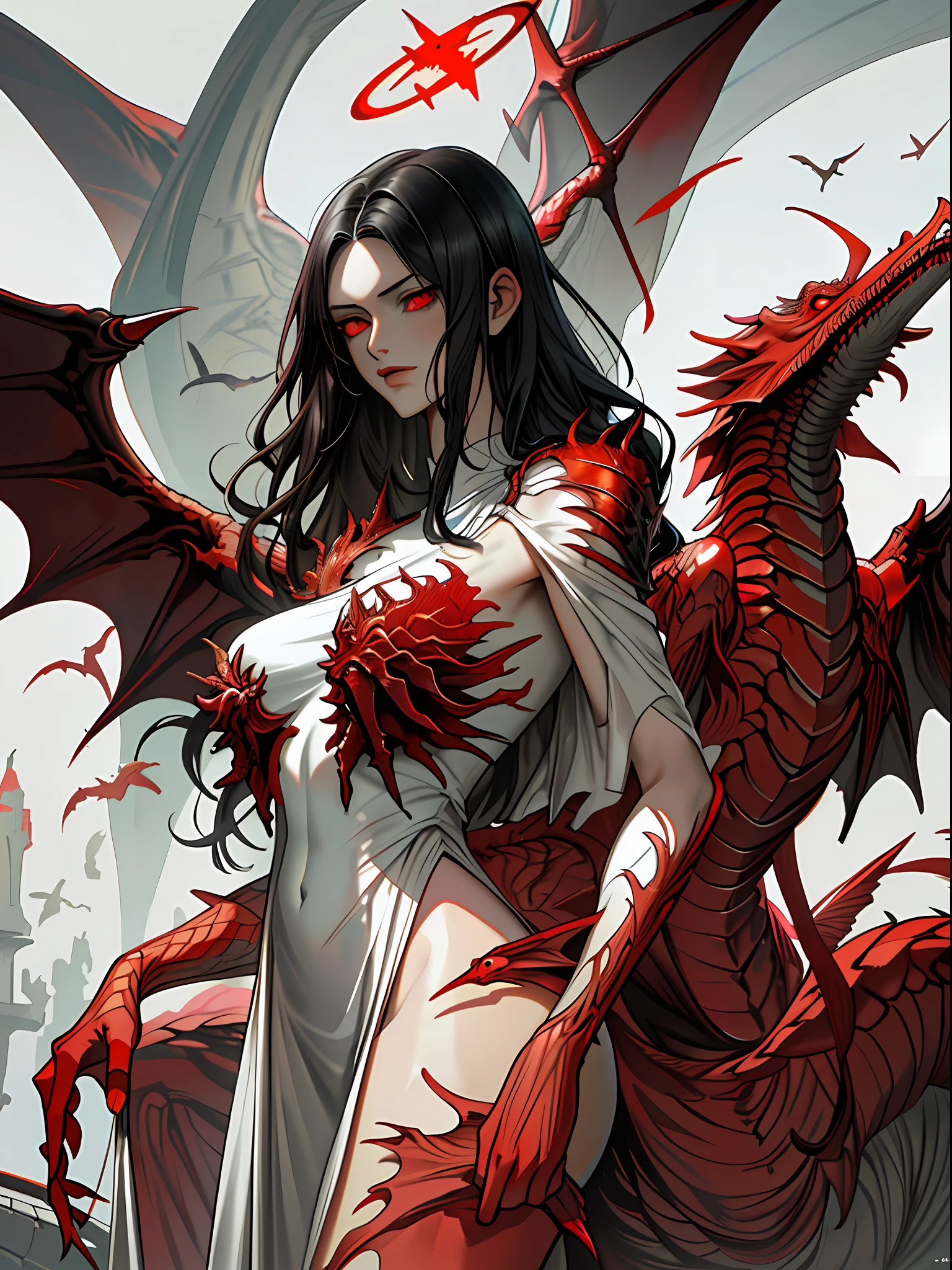 (masterpiece, best quality), 1lady, solo, (white Scales, scaly body), halo, wings,fallen angel, black hair, loose waves, red eyes, (dragon, art by hermann nitsch, zdzislaw beksinski, dariusz zawadzki, giger), big breasts, naked