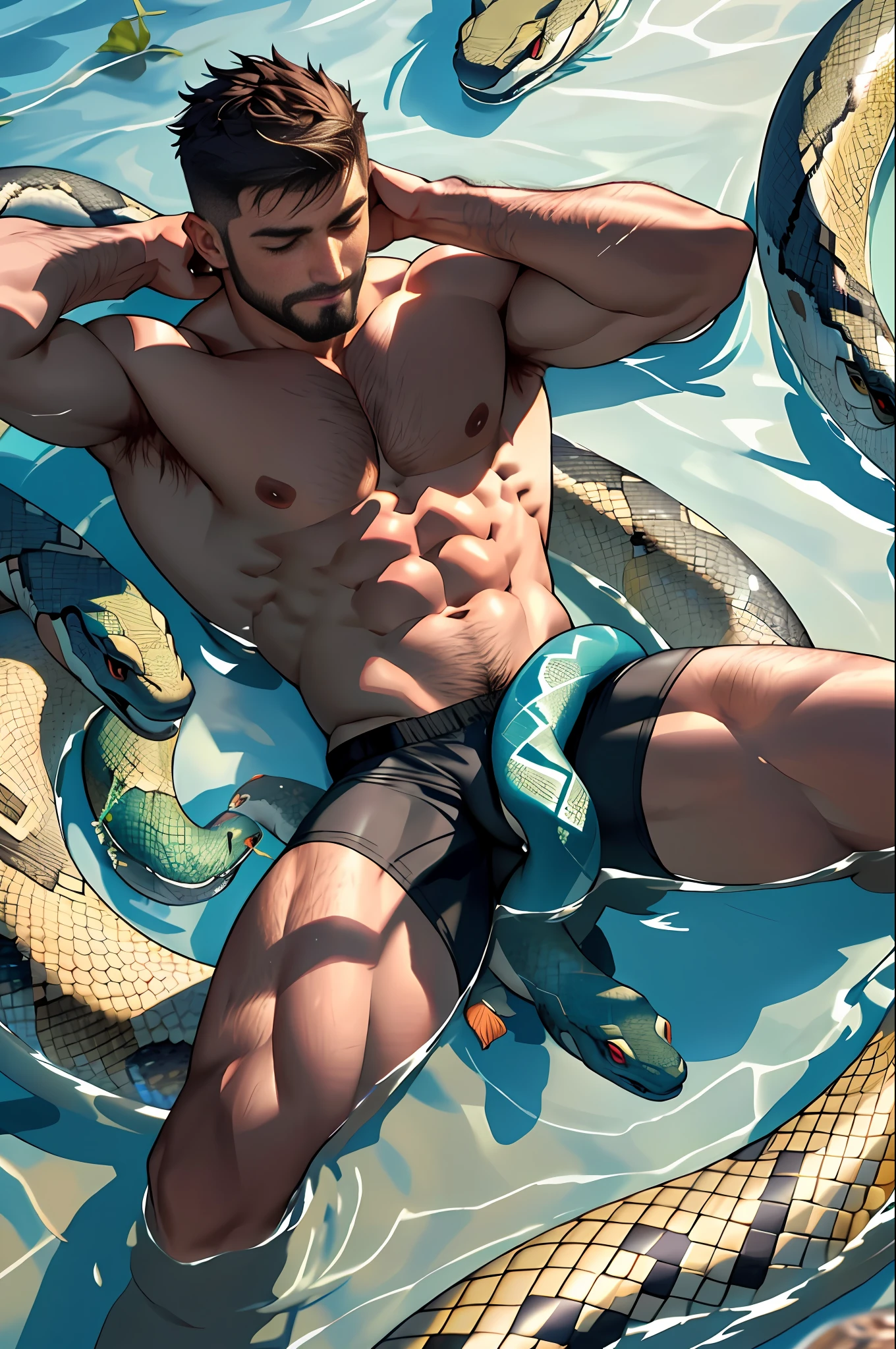 Best quality, masterpiece,ultra high res,detailed background,realistic,in the Water,from above,closed eyes,1man,solo,male,muscular,mature male,short facial hair,beard,buzz cut, extremely small fabric covering huge crotch,lying, (naked), snakes between his legs, spread legs,candle,water splashing,real shadow and light,depth of field, erotica, sexy, hot, homoerotic, explicit, exposed, showing, dynamic, snake on crotch,