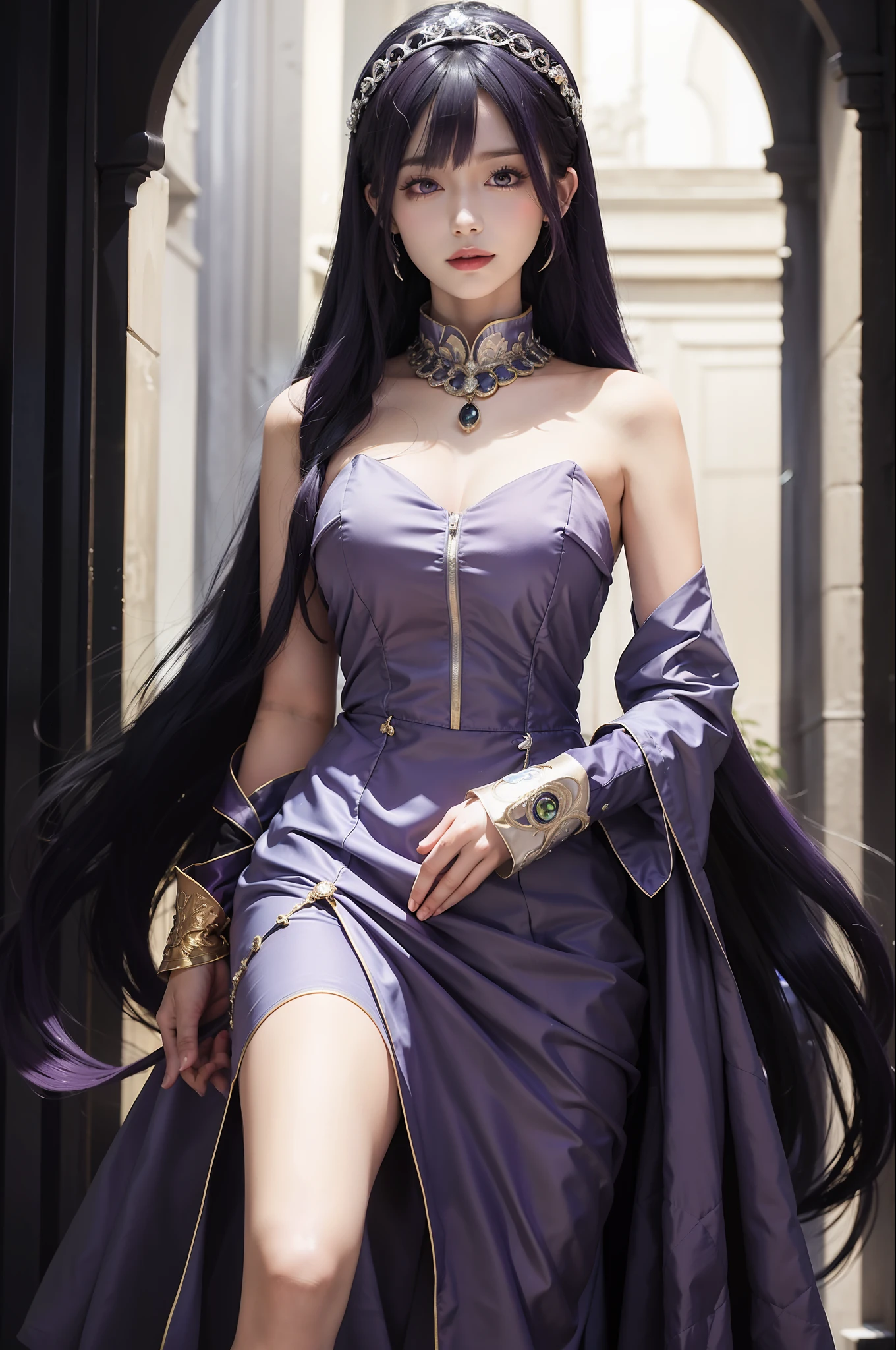 ((masterpiece)), the best picture quality, walking between cold atmosphere and noble temperament, giving people a sense of mystery, the perfect combination of royal sister and iceberg goddess, (1girl), sharp eyes, light smile and subtle, ((black hair | purple hair): 1.2 + silver hair: 1.1), towering aristocratic headdress, onyx, palace costumes, secret corridors, dim lights and blurred backgrounds, presenting a different mysterious atmosphere.
