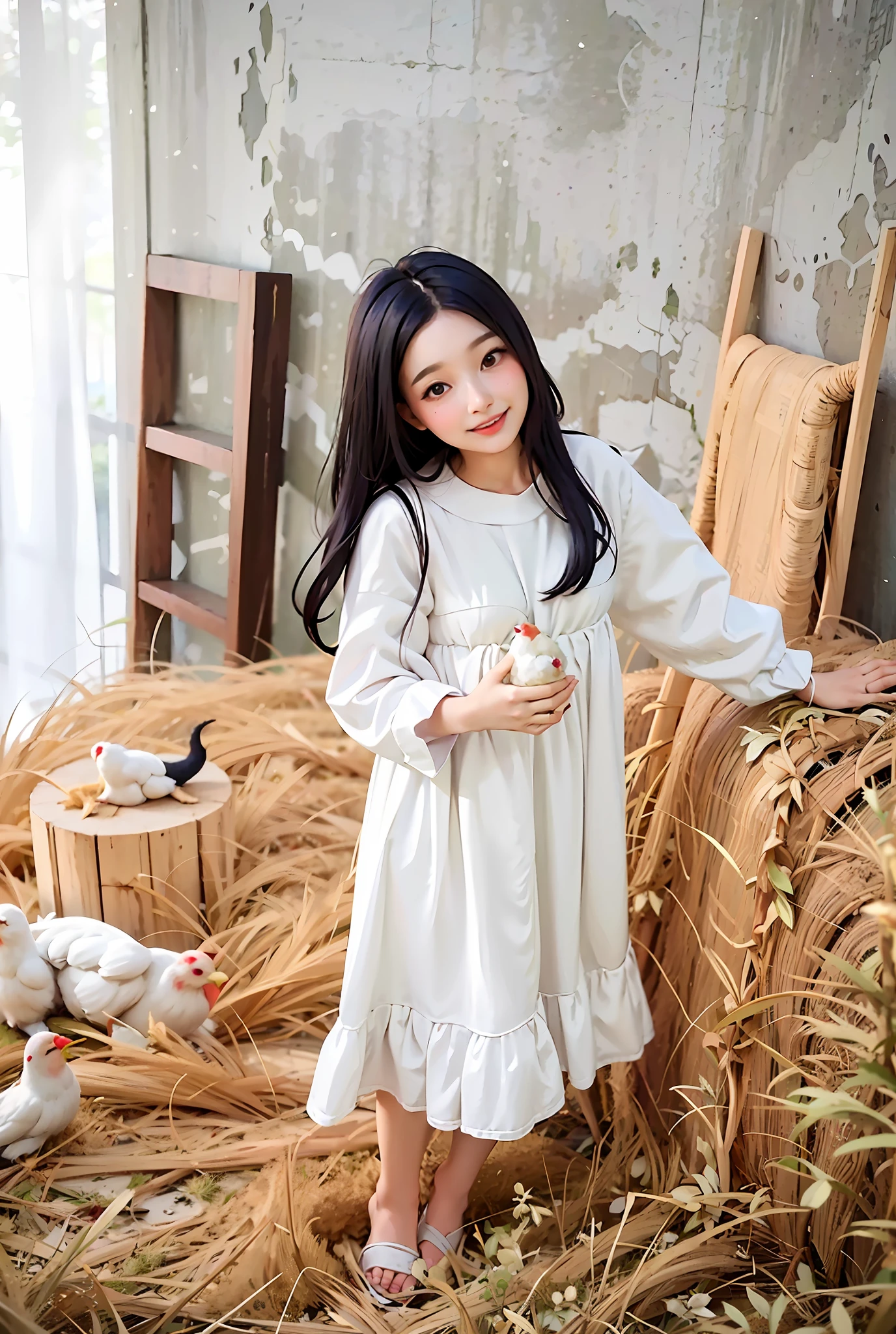 Arad girl in white dress standing hay with chicken, dressing gown, dressing gown, old white dress, young cute girl in white flowing dress, good morning, white hanfu, cute girl, cute young girl, good young girl, Sunday, white dress, flowing white dress, white pajamas, long fluent clothes, smiling