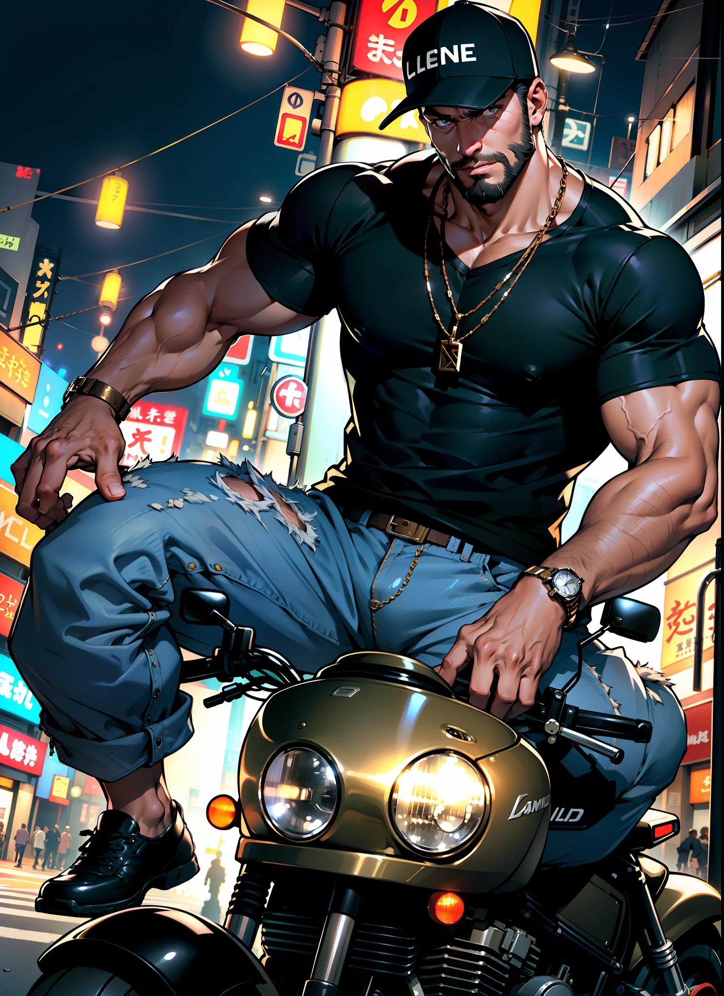 1man,short hair, muscular, beard,baseball cap,shirtless, no shirt, hairy muscular chest, gold chain, necklace, open jeans, lamppost,(masterpiece, best quality, highres, ultra detailed ),tokyo \(city\), night, (driving a motorcycle on the street ) , looking at viewer, front view,