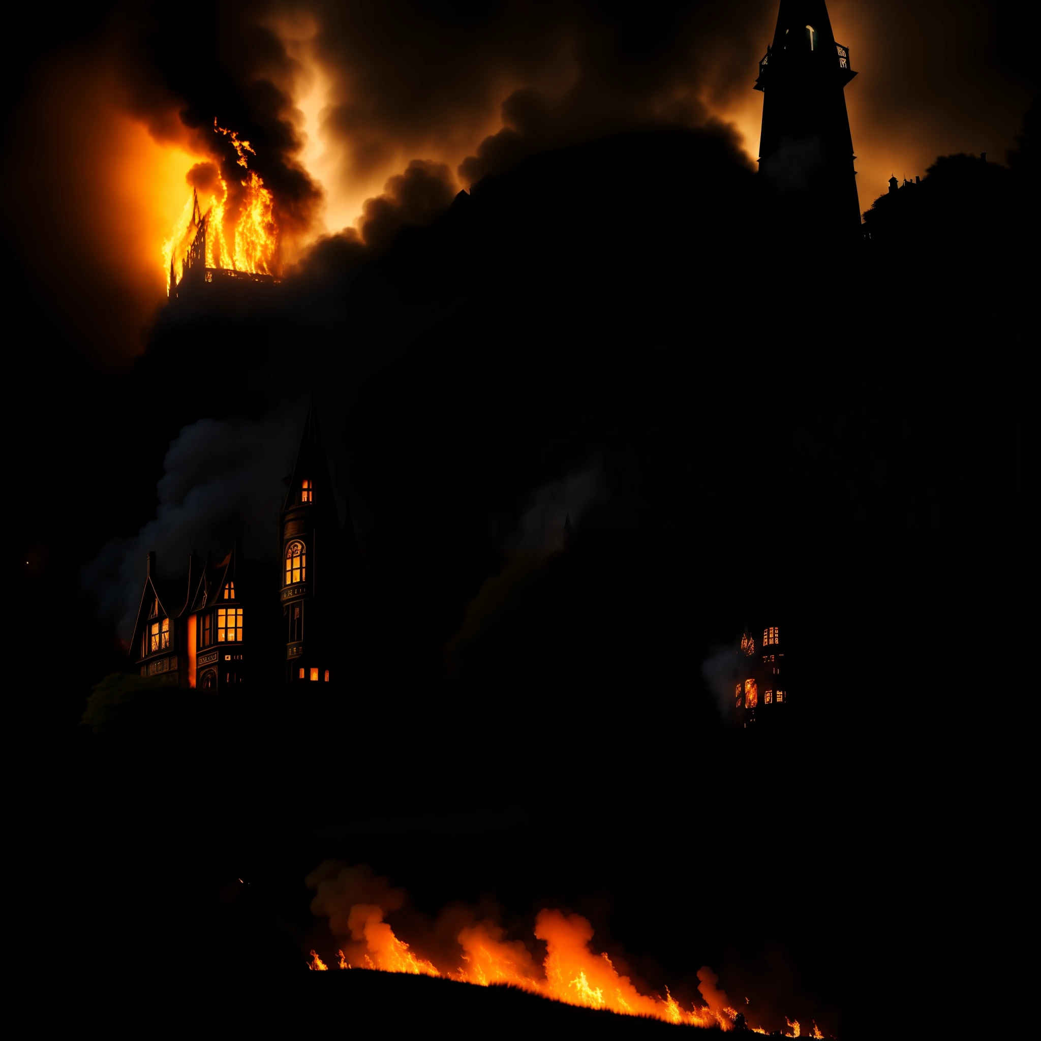 arafed image of a house with a clock tower in the background, houses on fire, house on fire, burning houses, burning buildings, the buildings are on fire, house background, burning building, haunted house themed, housefire, dark neighborhood, ultra detailed haunted house, haunted house, location of a dark old house, buildings on fire, burning village, appalling