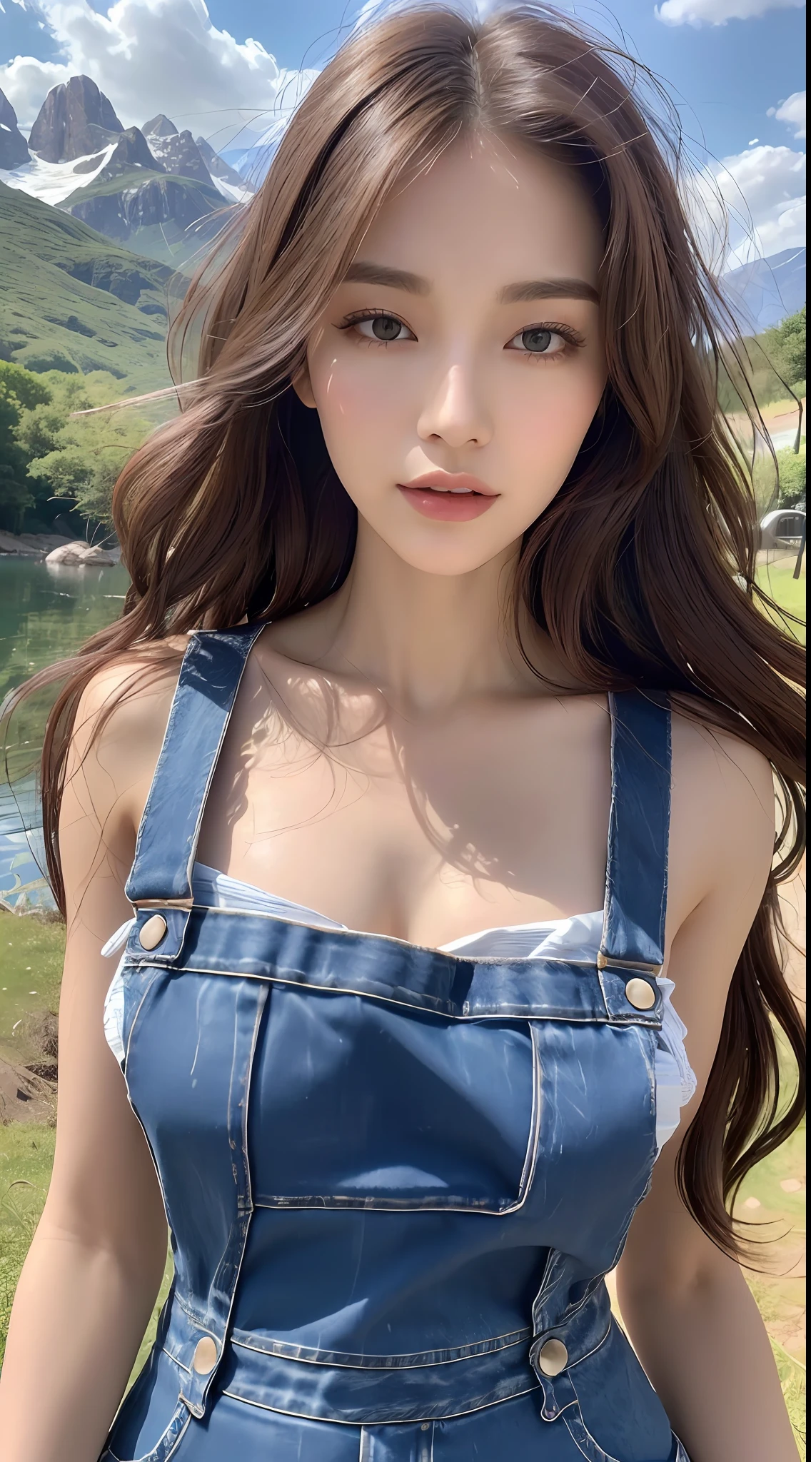 (Best quality, High resolution, Masterpiece :1.3), A tall and pretty woman with slim figure, Slender abs, (Dark brown hair styled in loose waves), Wearing jean pinafore, Outdoor, Lake and mountains in distant background, Details exquisitely rendered in the face and skin texture, Detailed eyes, Double eyelid