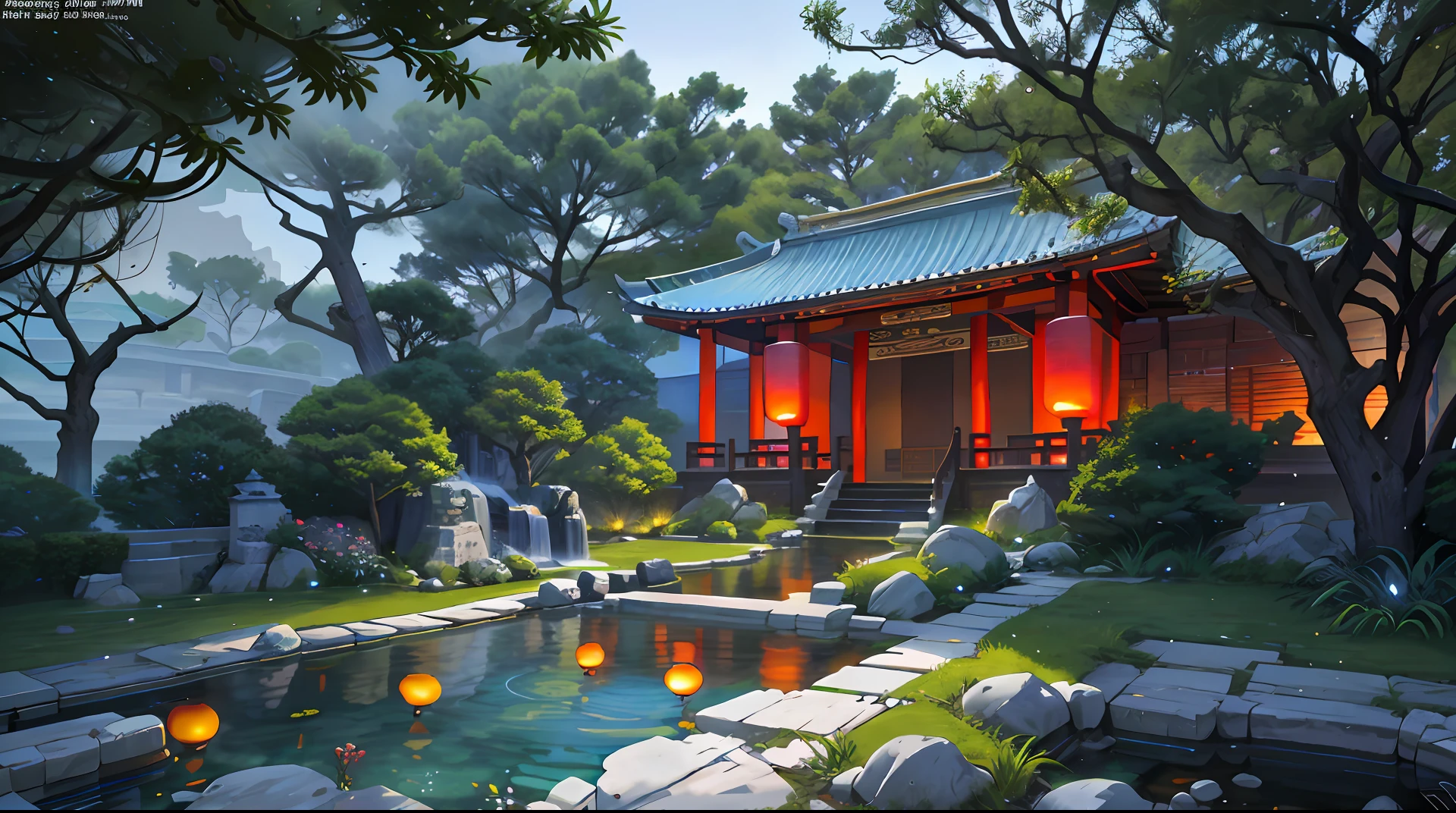Ancient Chinese architecture, cool colors, dark night, moon, garden, bamboo, lake, stone bridge, rockery, arch, corner, tree, running water, landscape, outdoor, waterfall, grass, rock, dense fog, (Illustration: 1.0) , Epic Composition, HD Details, Masterpiece, Best Quality, (Very Detailed CG Unity 8k Wallpapers) --v 6