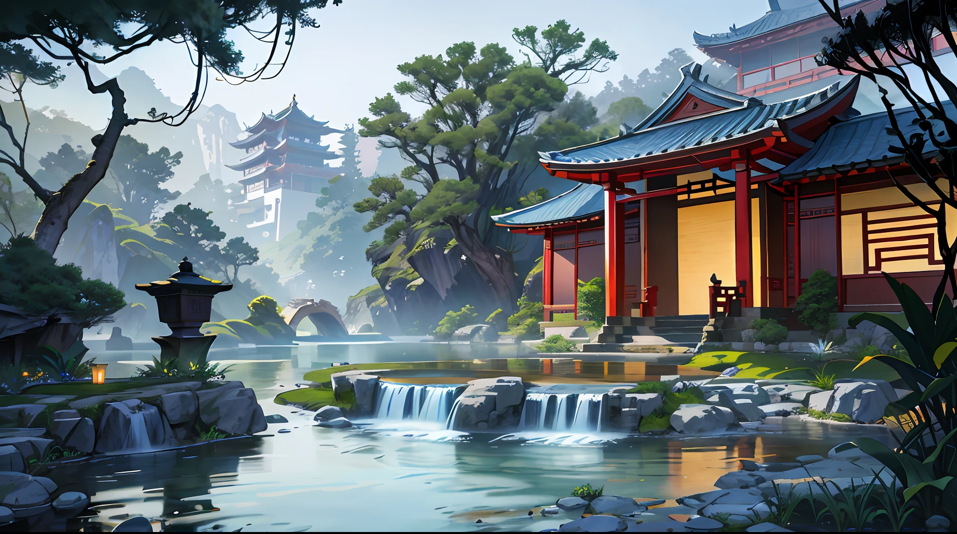 Ancient Chinese architecture, cool colors, dark night, moon, garden, bamboo, lake, stone bridge, rockery, arch, corner, tree, running water, landscape, outdoor, waterfall, grass, rock, dense fog, (Illustration: 1.0) , Epic Composition, HD Details, Masterpiece, Best Quality, (Very Detailed CG Unity 8k Wallpapers) --v 6