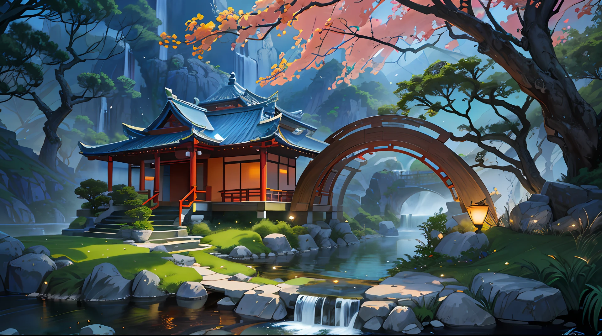 Ancient Chinese architecture, cool colors, dark night, moon, garden, bamboo, lake, stone bridge, rockery, arch, corner, tree, running water, landscape, outdoor, waterfall, grass, rock, dense fog, (Illustration: 1.0) , Epic Composition, HD Details, Masterpiece, Best Quality, (Very Detailed CG Unity 8k Wallpapers) --v 6